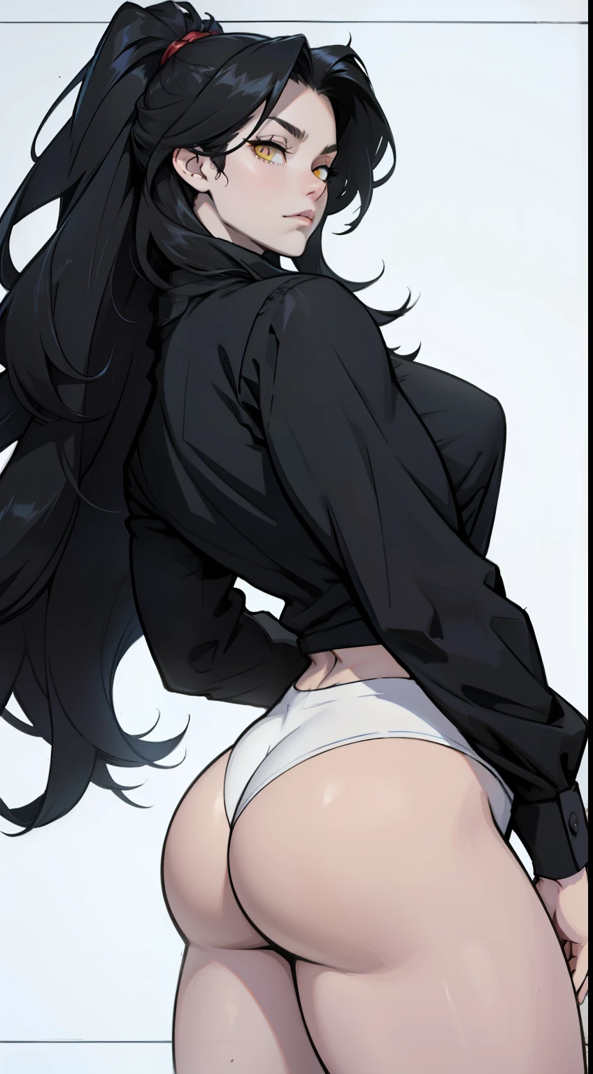 messy hair extremely long hair black hair yellow eyes pale skin girl (muscular girl thick) tight long sleeve shirt