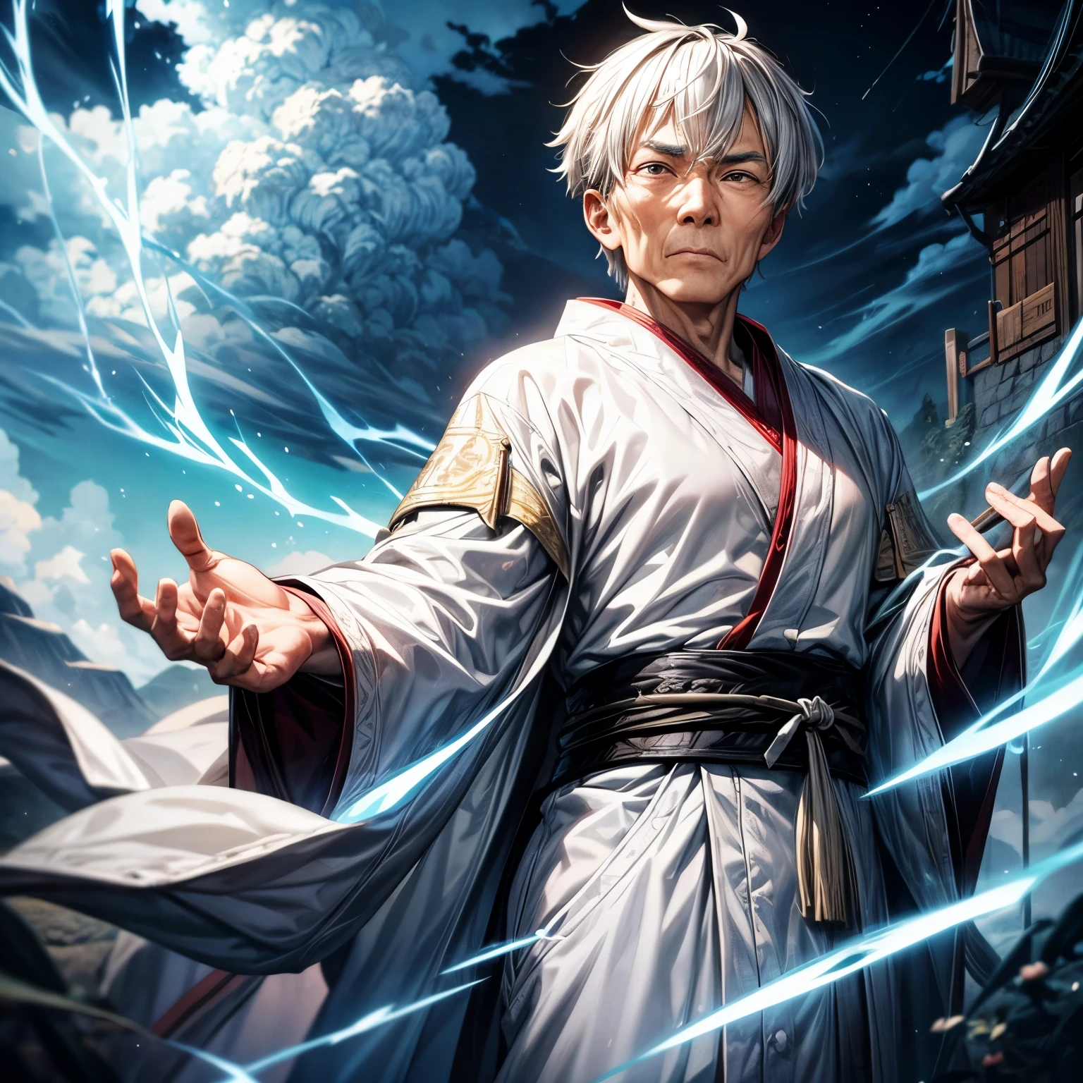 Old Asian male, wrinkles, white robes, wise sensei, lightning powers, storm clouds, zen, electricity surge