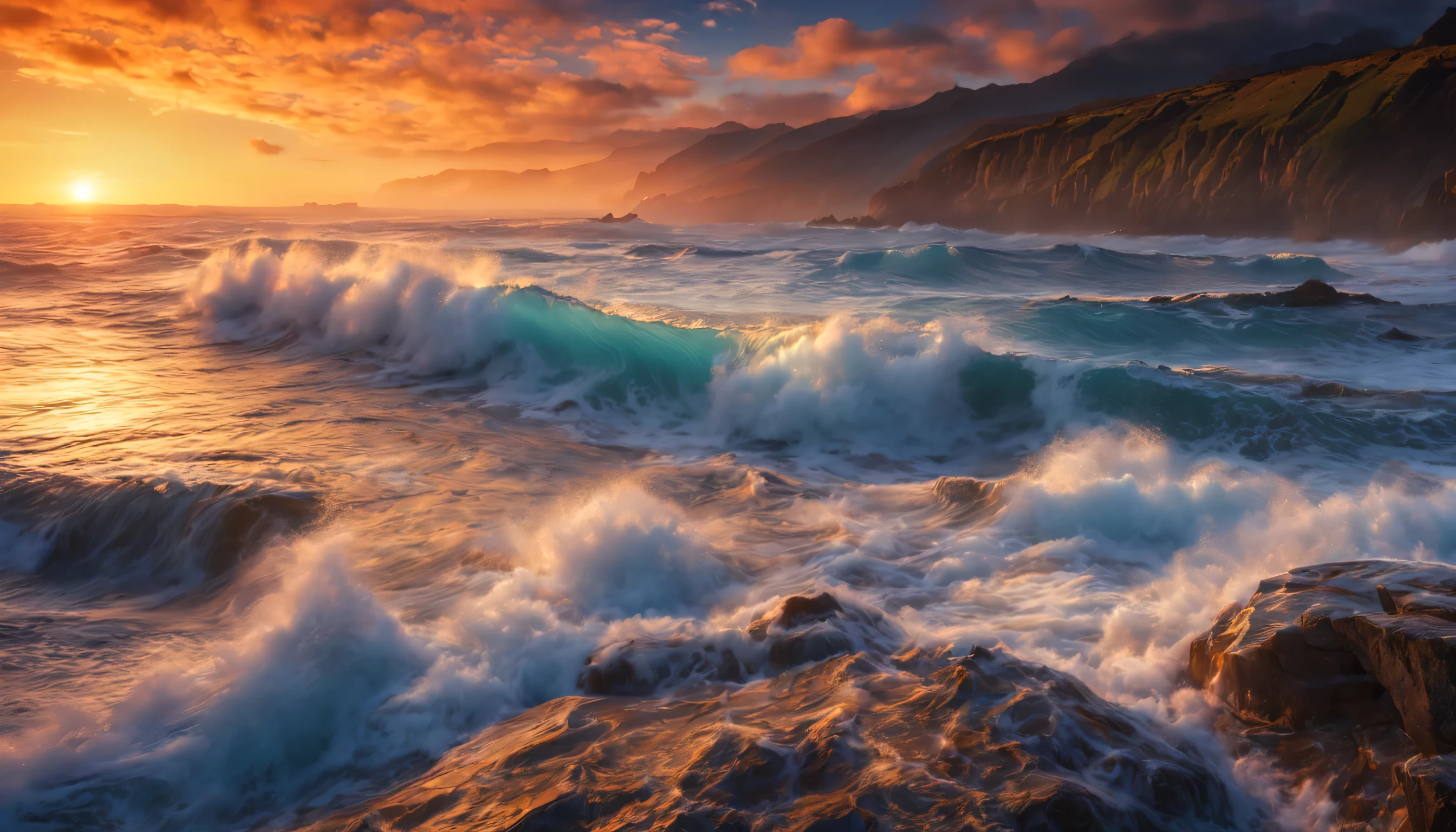 arafed view of a dawn over the blue ocean with waves crashing, chaotic sea setting, breathtaking colors, breathtaking look, breathtaking composition, beautiful sea landscapes, stunning dawn, magnificent background, dawn glow, beautiful background, beautiful dreamy breathtaking, marc adamus, warm beautiful scene, epic dawn, beautiful dawn, beautiful dawn glow, beautiful blue ocean