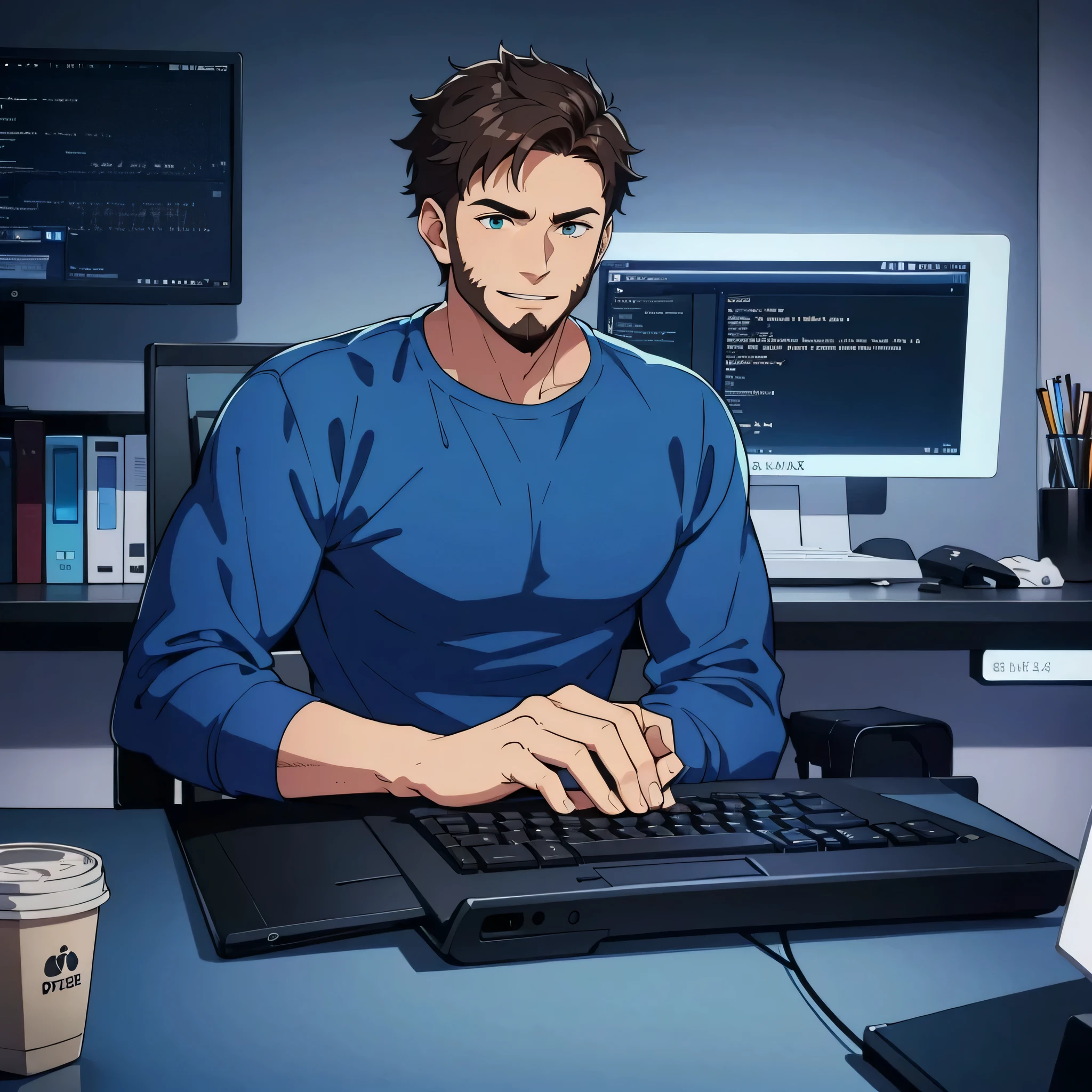 (a male, man in his mid twenties web developer coding on a desk:1.1), smiling, with goatee beard, dark-brown hair, sitting with an Apple laptop (ultra-detailed,sharp focus:1.2), in a contemporary office, surrounded by modern technology and gadgets, with a clean and minimalist aesthetic. The scene is brightly lit with natural light (studio lighting) coming from large windows. The developer is focused and engaged, typing on the keyboard with precision. The laptop screen displays lines of code (extremely detailed code:1.1) and a well-designed user interface. The desk is organized and clutter-free, with a cup of coffee and a notebook nearby. The developer exudes confidence and professionalism (professional) in his attire, wearing a casual but stylish outfit. The color of his shirt is Teal color