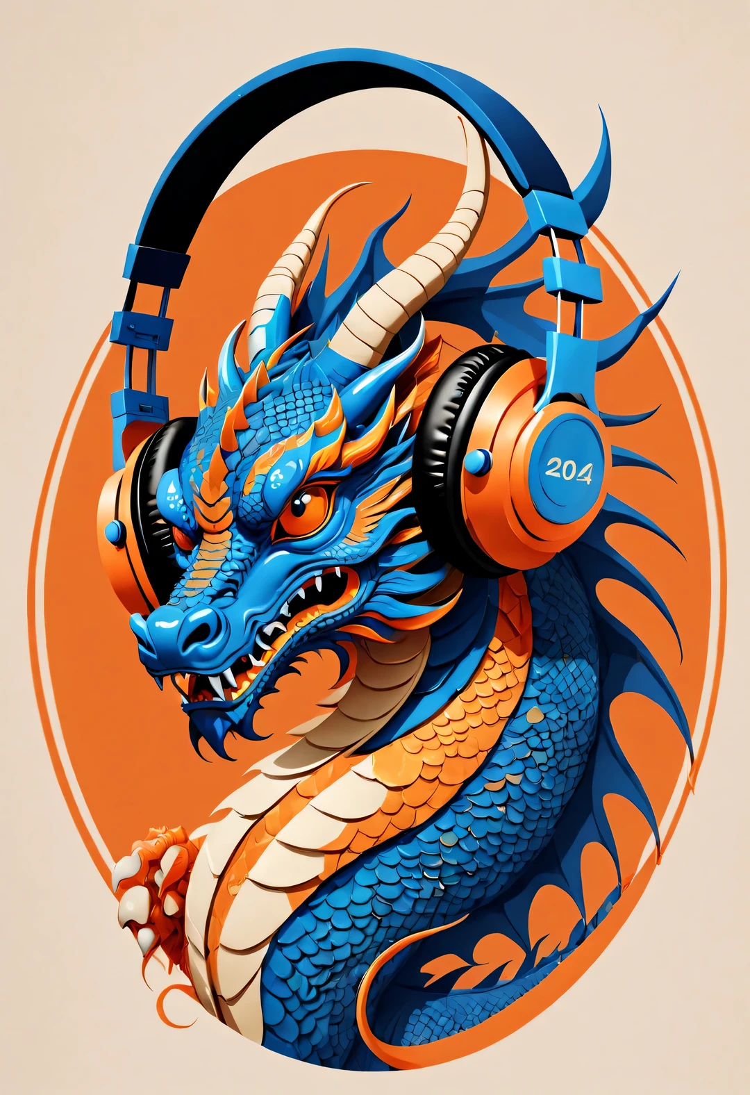 in style of postage stamp design ,，Orange and blue simple chinese dragon wearing big headphones，（The stamp is postmarked 2024）， (2024 ），vintage