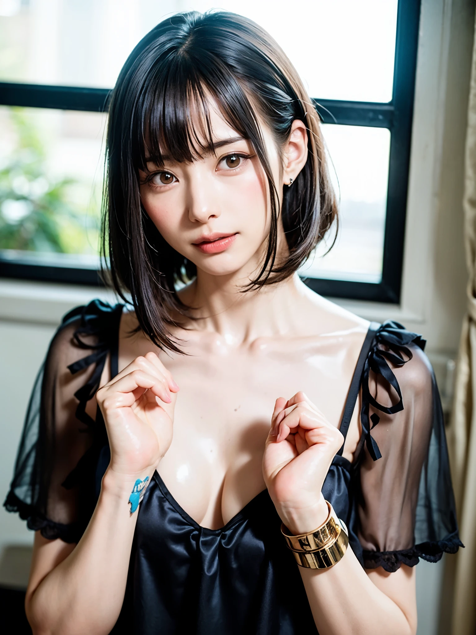 (table top, highest quality、high detail:1.4、very attractive beauty、Adds intense highlights to the eyes、look closely at the camera:1.4、Beautiful woman full of charm、ideal body proportions、perfect anatomy、brunette short bob hair、shiny hair、bangs:2、光沢のあるbangs:2、lip gloss),1 girl, Report, light brown shiny hair, scarf,realistic, looking at the viewer、Please tilt your head slightly, bright colored crystal light blue eyes, short and shiny hair、 chest中央に穴の開いた白いタートルネックの衣装,chestの真ん中に丸い穴のあるセクシーな白いタートルネック ニット セーター、 lips, lip gloss, Upper body、Big eyes、eyelash、face is a little red、embarrassing)、((italian road in winter))、((short hair with Big eyess、Give students very powerful highlights、{Huge|big|Hugeな|mega} chest:2、very bigger chest:2、look at the audience、very beautiful beauty、please show me your ears、long neck、smile a little、beautiful teeth、open your mouth and smile、heart shaped eyes))、28 years old、very cute super model、portrait:2、close up face:2