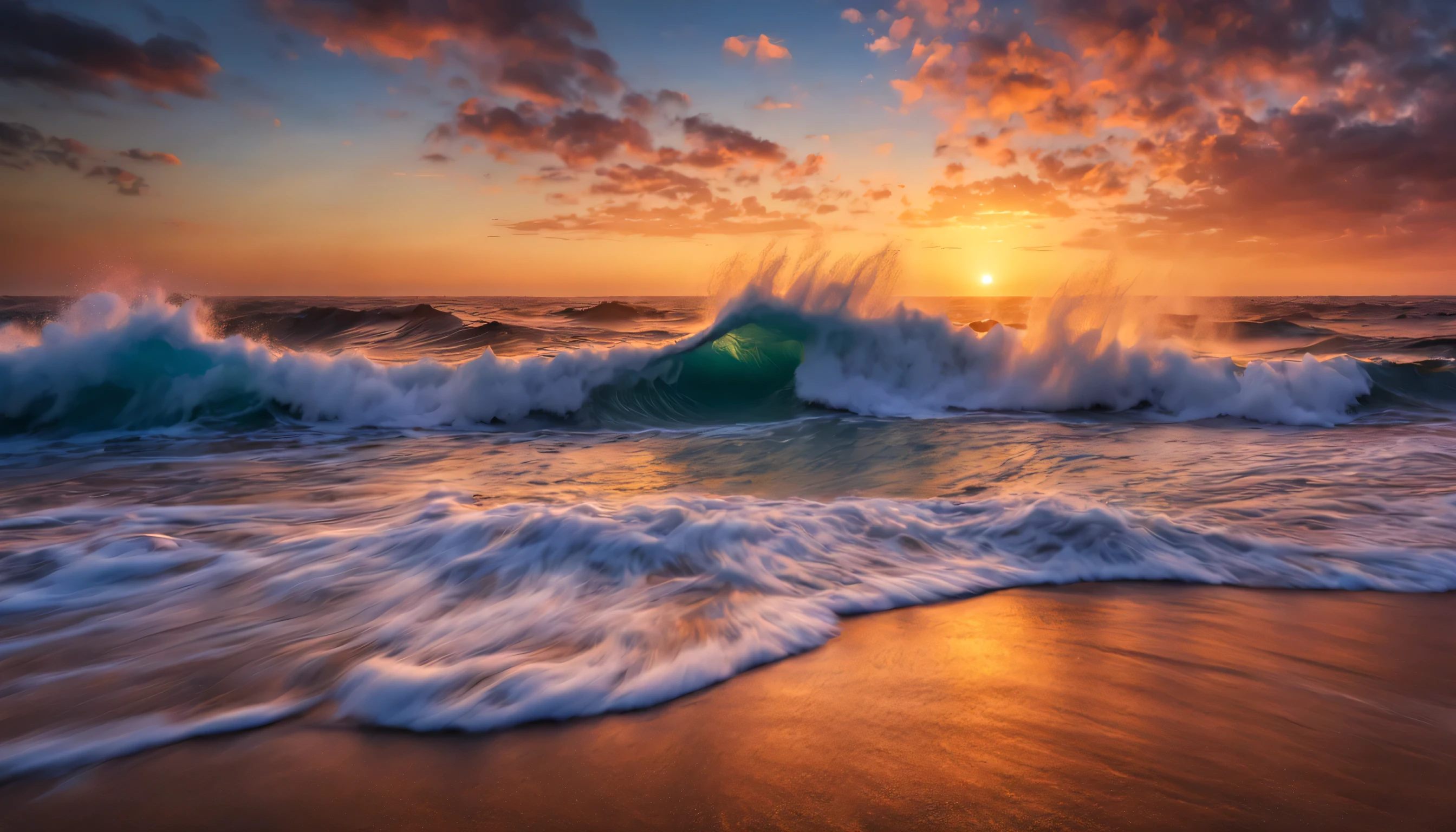 arafed view of a dawn over the blue ocean with waves crashing, chaotic sea setting, breathtaking colors, breathtaking look, breathtaking composition, beautiful sea landscapes, stunning dawn, magnificent background, dawn glow, beautiful background, beautiful dreamy breathtaking, marc adamus, warm beautiful scene, epic dawn, beautiful dawn, beautiful dawn glow, beautiful blue ocean