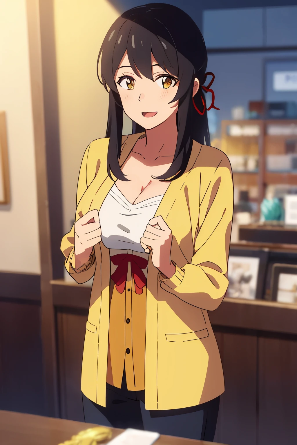 shinkai makoto, kimi no na wa., 1girl, bangs, black hair, brown eyes, open mouth :D, Twisted Half Up, red ribbon, long hair, long sleeve light yellow cardigan, open shirt, yellow shirt, cleavage, breast, medium breast, Orange shirt, name tag written "LUMINE Miyamizu", looking at the viewer, indoors, jewelry products, jewelry shop, jewelry saleswoman, indoors, mall, masterpiece, perfect anatomy, cowboyshot, POV (POV boy's hands holding girl's chest POV)
