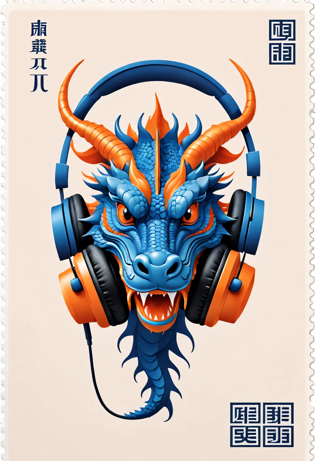 in style of postage stamp design ,，Orange and blue simple chinese dragon wearing big headphones，（The stamp is postmarked 2024），