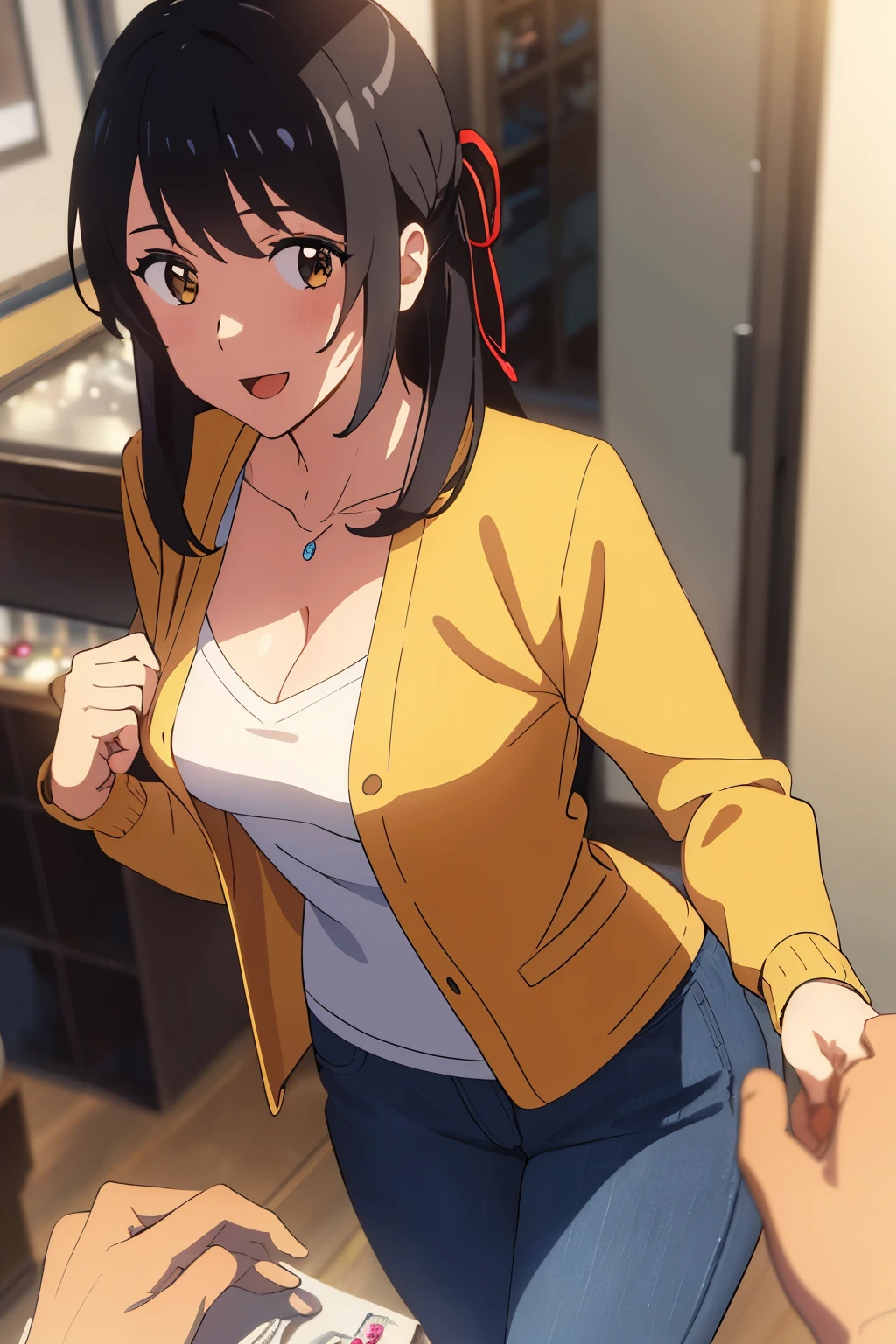 shinkai makoto, kimi no na wa., 1girl, bangs, black hair, brown eyes, open mouth :D, Twisted Half Up, red ribbon, long hair, long sleeve light yellow cardigan, open shirt, yellow shirt, cleavage, breast, medium breast, Orange shirt, name tag written "LUMINE Miyamizu", looking at the viewer, indoors, jewelry products, jewelry shop, jewelry saleswoman, indoors, mall, masterpiece, perfect anatomy, cowboyshot, POV (POV boy's hands holding girl's chest POV)