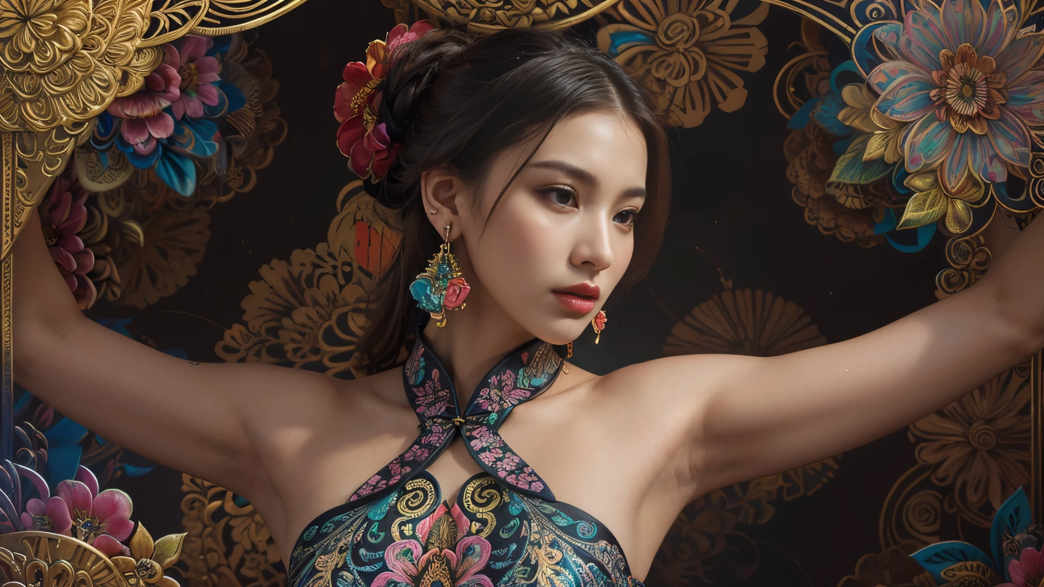 (masterpiece, top quality, best quality, official art, beautiful and aesthetic:1.2), (1girl:1.3), extremely detailed,(fractal art:1.1),(colorful:1.1)(flowers:1.3),highest detailed,(zentangle:1.2), (dynamic pose), (abstract background:1.3), (chinese dress:1.2), (shiny skin), (many colors:1.4), ,(earrings:1.4),