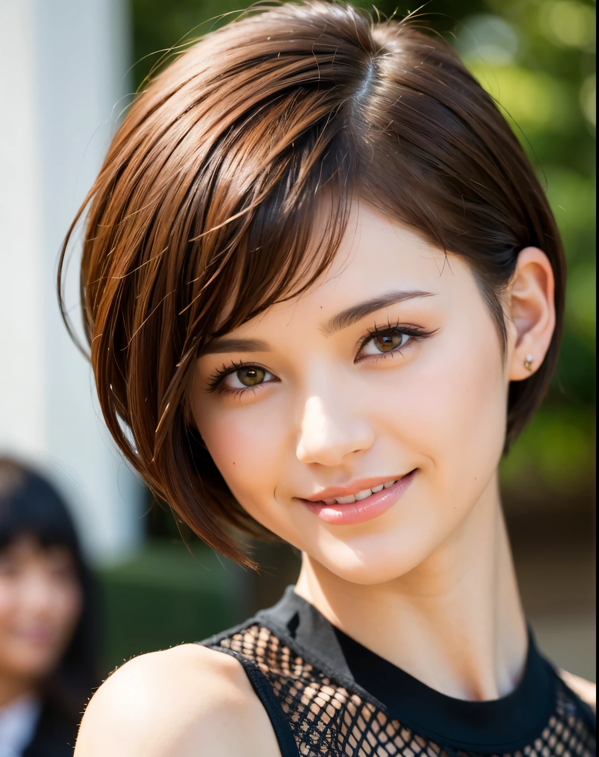 Very short hair pixie cut short hair smile brown hair