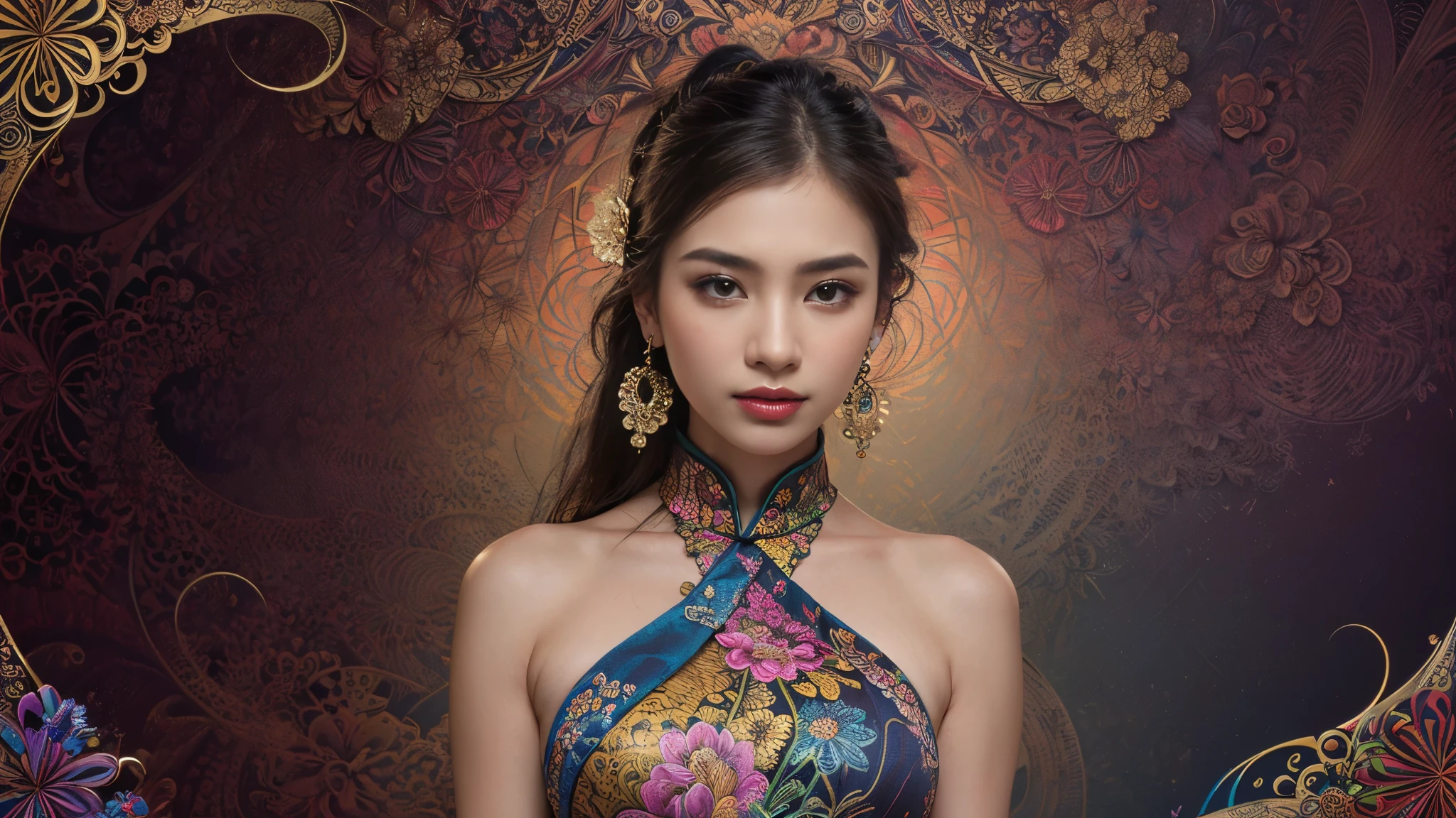 (Masterpiece, Highest quality, best quality, official art, beautiful and beautiful:1.2), (1 girl:1.3), very detailed,(fractal art:1.1),(colorful:1.1)(flower:1.3),Maximum details,(tangled:1.2), (dynamic gesture), (abstract background:1.3), (Chinese traditional cloth:1.2), (Shiny skin), (many colors:1.4), ,(earring:1.4)