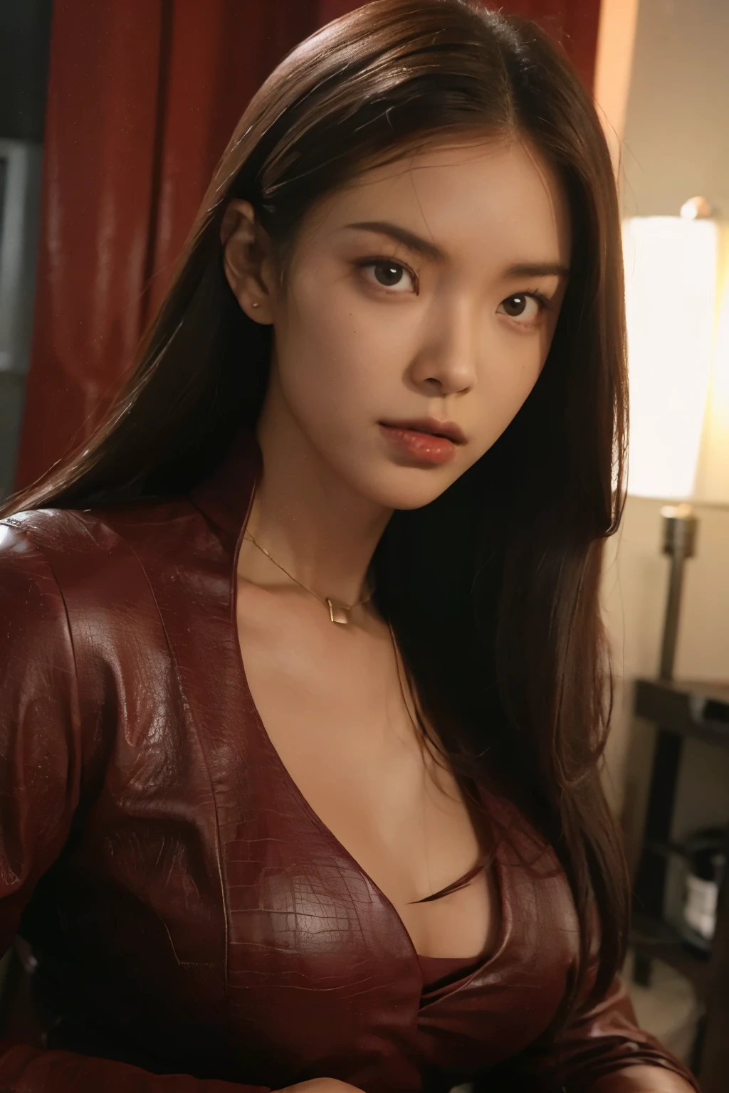 best quality, realistic, front pov, KristannaTX in an apartment room, night time, dark, (a female Korean supermodel), (wine red leather jacket:1.0), cleavage, big breasts, seductive smirk, (long hair), (dark hair) (straight hair:1.1), perfect face, perfect eyes, (deep focus), (clear lighting), (soft lighting:1.0)