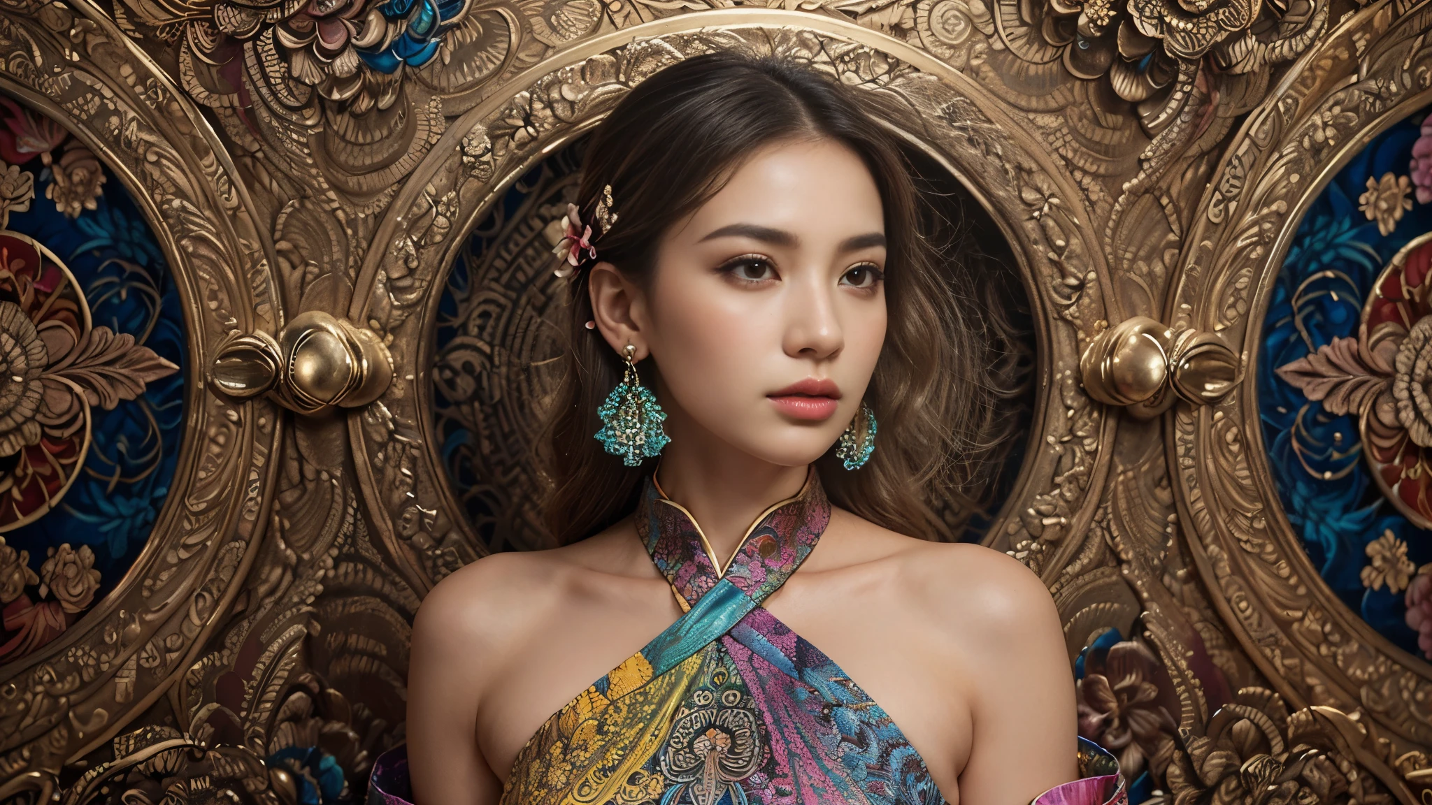 (Masterpiece, Highest quality, best quality, official art, beautiful and beautiful:1.2), (1 girl:1.3), Extremely detailed,(fractal art:1.1),(colorful:1.1)(flower:1.3),Maximum details,(Zentangle:1.2), (dynamic poses), (abstract background:1.3), (Chinese traditional cloth:1.2), (Shiny skin), (many colors:1.4), ,(earring:1.4),