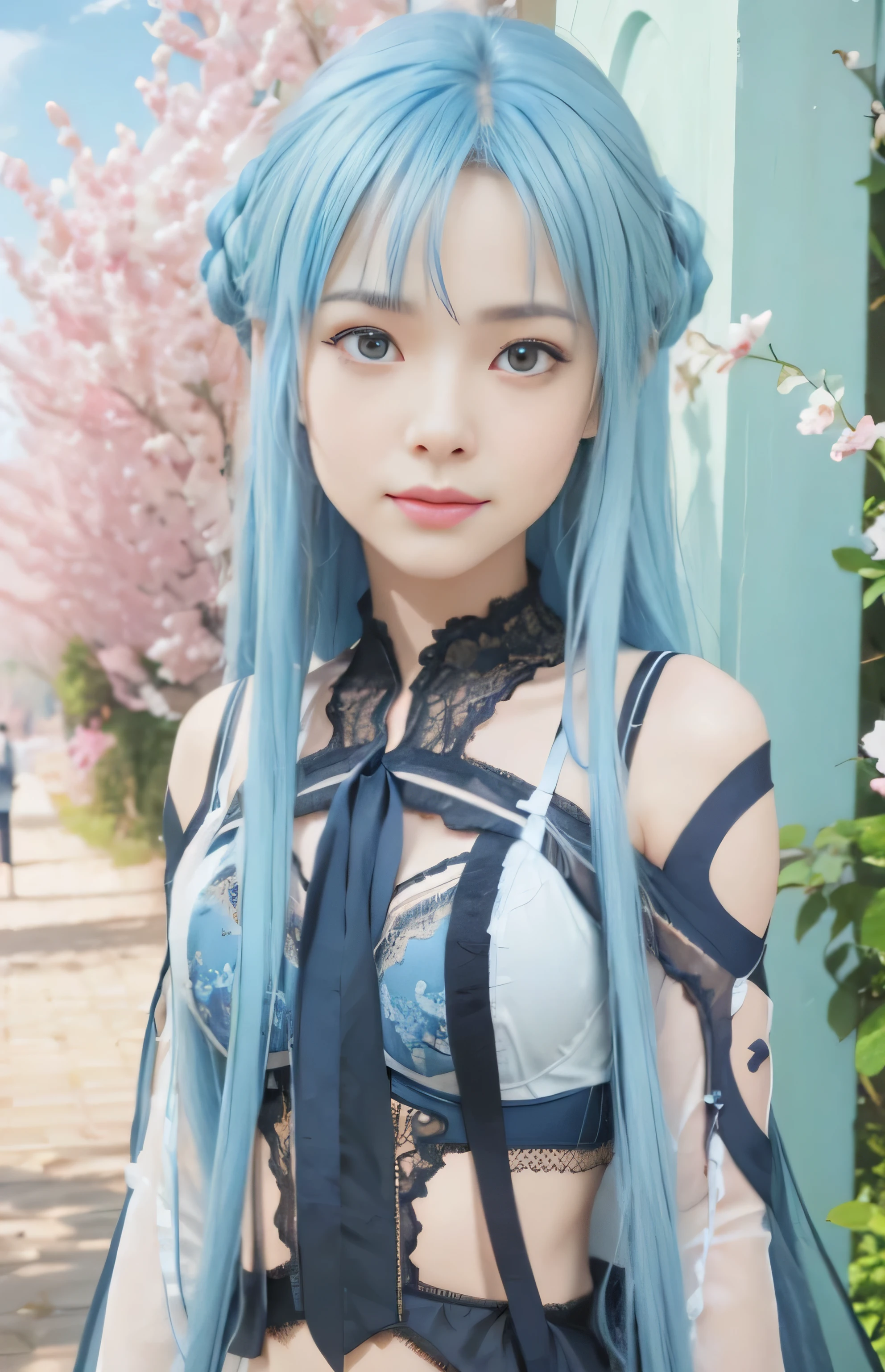 masterpiece, best quality, (realistic,photo-realistic:1.4), (RAW photo:1.2), extremely detailed CG unity 8k wallpaper, delicate and beautiful, amazing,finely detail, official art, absurdres, incredibly absurdres, huge filesize, ultra-detailed,extremely detailed eyes and face,light on face,(little smile),golden eyes,asuna yuuki,(blue hair:1.4),very long hair,(wearing lingerie:1.4),(nature background:1.4)