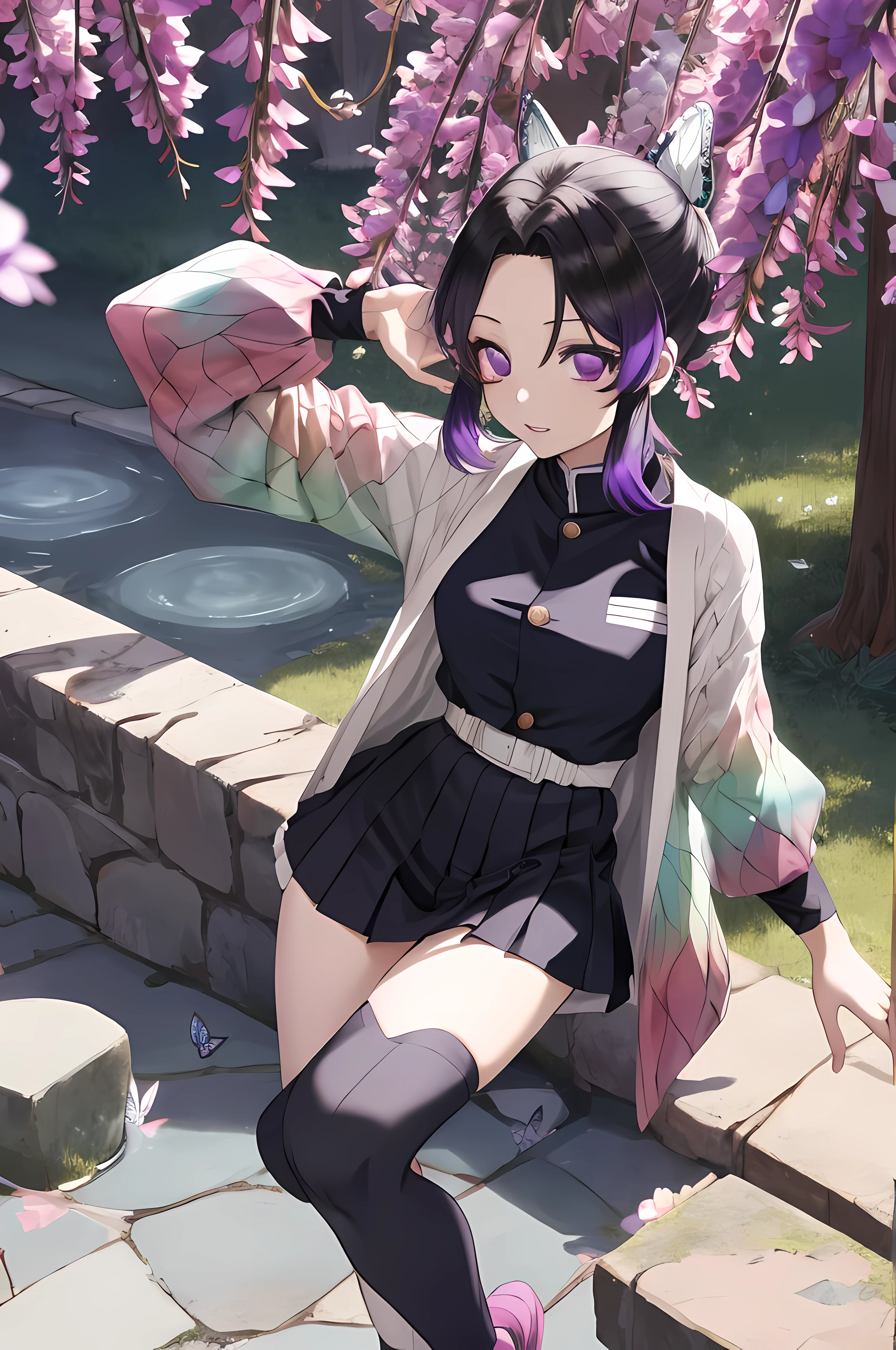 Anime girl sitting on a stone bench with a pink flower in her hand ...