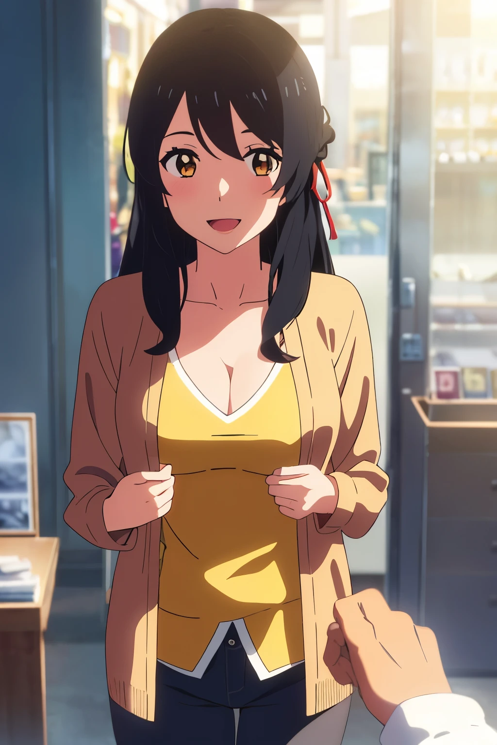 shinkai makoto, kimi no na wa., 1girl, bangs, black hair, brown eyes, open mouth :D, Twisted Half Up, red ribbon, long hair, long sleeve light yellow cardigan, open shirt, yellow shirt, cleavage, breast, medium breast, Orange shirt, name tag written "LUMINE Miyamizu", looking at the viewer, indoors, jewelry products, jewelry shop, jewelry saleswoman, indoors, mall, masterpiece, perfect anatomy, cowboyshot, POV (POV boy's hands holding girl's chest POV)