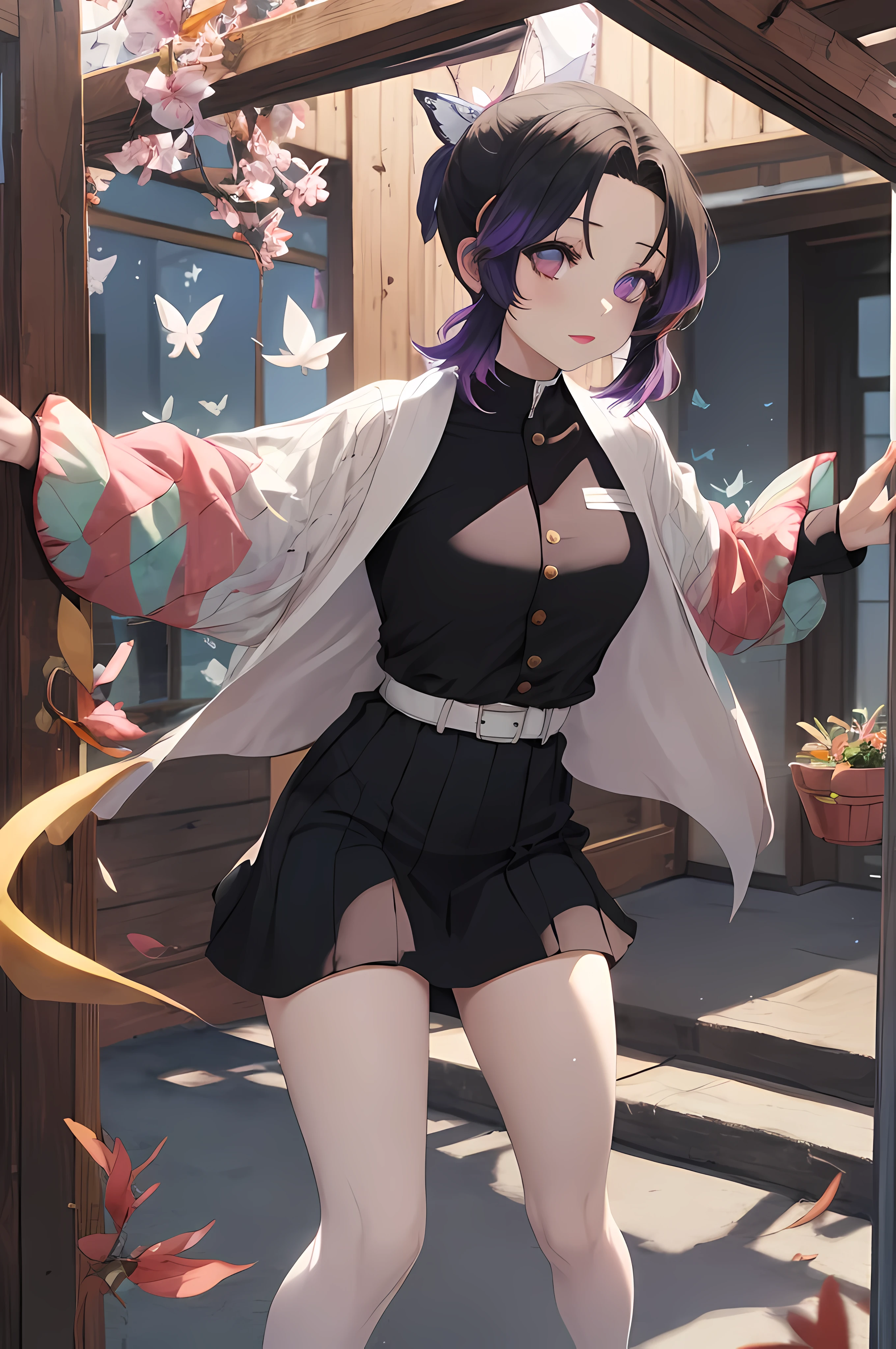 masutepiece, Best Quality, hight resolution, 1girl in, 独奏, kochou shinobu, Decorate your hair with butterflies, violet eyes, Multi-colored hair, Short hair, Parted bangs, Short shorts, Spread your legs apart, skirt by the, Turtleneck Top, outside of house, Erotica, Emphasis on the chest, full body view