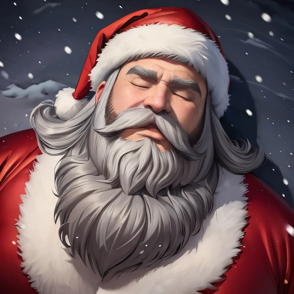 (highest quality:1.5), (masterpiece:1.5), (It&#39;s snowing:1.2), outside, night, round face, (gray hair:1.2), (very long beard:1.2), solo, Santa Claus costume, male, fat, (huge body:1.5), 60 years old, middle curly hair, (shoot from above:1.3), Lying on your back, eyes closed, close-up face