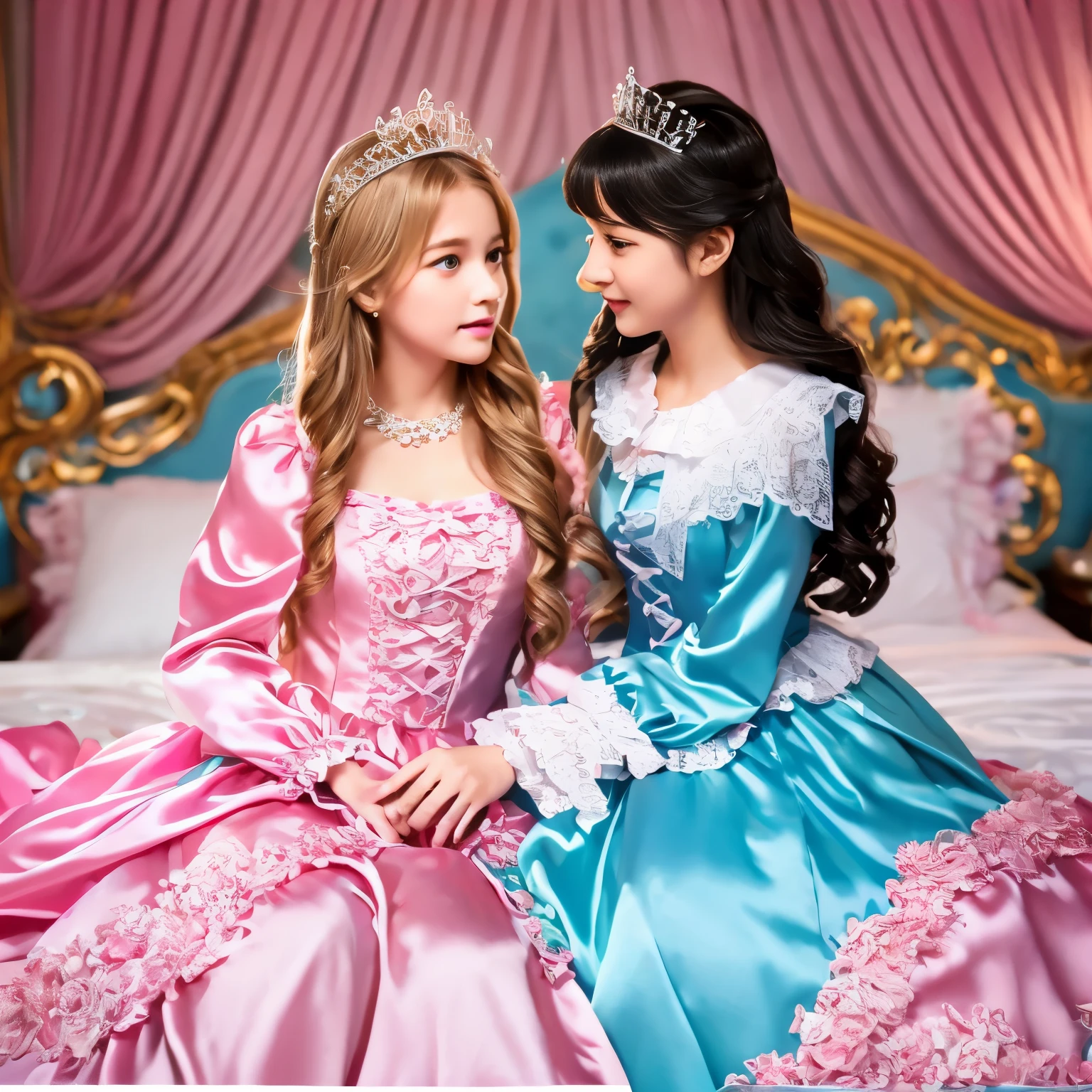 ,highest quality, masterpiece, highest resolution, artwork, super それにget used to it, many get used to it, get used to it, それにget used to it, 3K realistic photos,,((女の子)),Super detailed baby face,the two girls are princesses,Full length ball gown dress with hoop skirt,ruffled yoke collar,puff sleeves,long sleeve,((Lolita style pink detailed princess satin dress、Comes with lots of frills and ribbons。)),colorful rococo fashion,shiny satin dress,Soft and smooth fabric,luxury,long blonde hair,blue eyes,white skin european,pajamas,((inside the palace)),,,(( 10 years old)),Sd baby face,Full length ball gown dress with hoop skirt,long skirt,ruffled yoke collar,puff sleeves,腰まで伸びるlong blonde hair,blue eyes,white skin european,pajamas,((inside the palace bedroom)),シルクサテンのluxuryなcanopy bedの上,canopy bed,Luxurious curtains on both sides of the bed,many frilly pillows on the bed,super detailed background,Detailed bed,romantic atmosphere,two little princesses on the bed,Two people hugging each other,((((Both legs are hidden in the dress)))),the dress is spread out on the bed,soft silk satin comforter,soft silk satin ruffled pillow,Beautiful girl illustration,detailed beautiful face detailed hair,detailed human eye ,detailed mouth, arm details,fine hands,Detailed pillow,