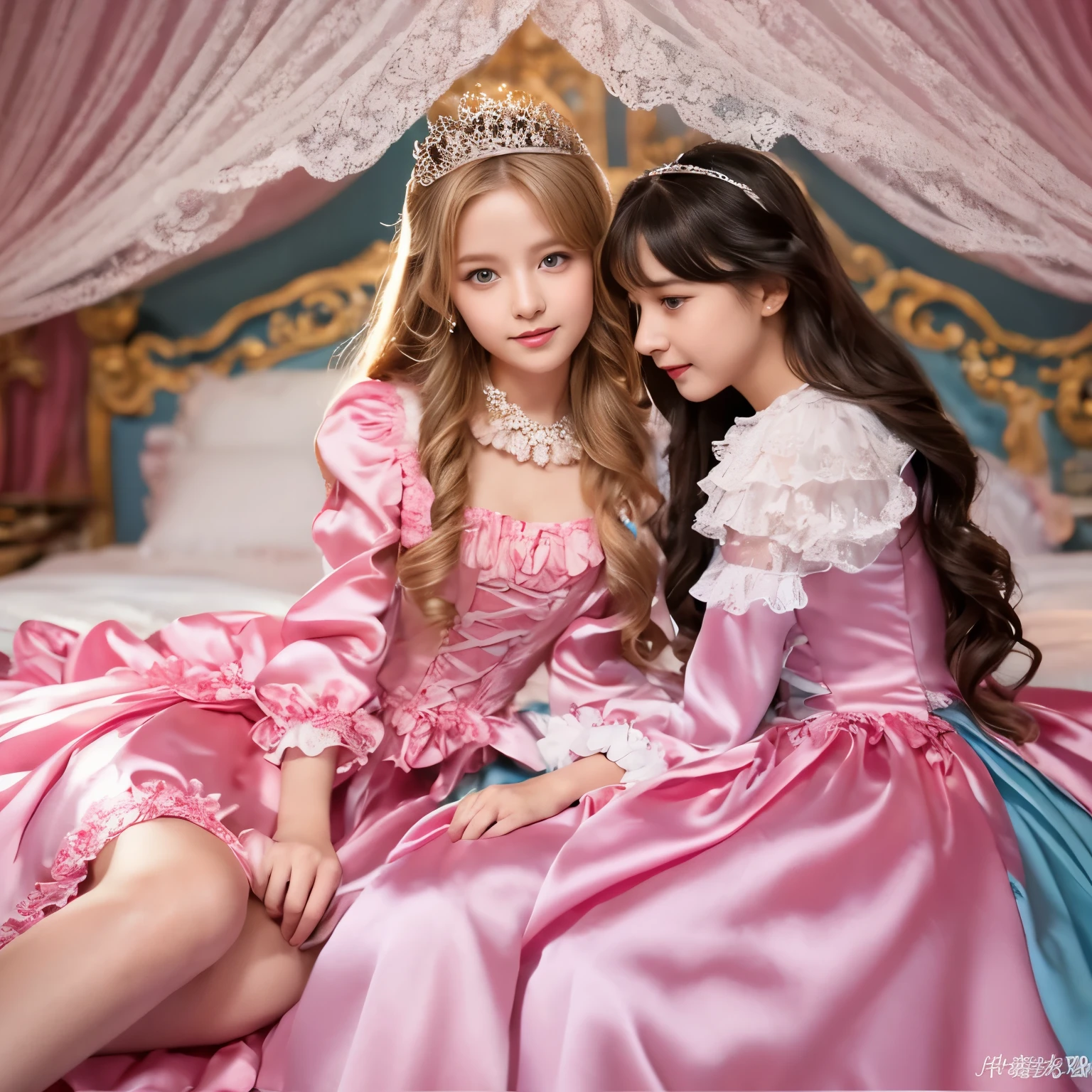 ,highest quality, masterpiece, highest resolution, artwork, super それにget used to it, many get used to it, get used to it, それにget used to it, 3K realistic photos,,((10 years old女の子)),Super detailed baby face,the two girls are princesses,Full length ball gown dress with hoop skirt,ruffled yoke collar,puff sleeves,long sleeve,((Lolita style hot pink detailed princess satin dress、Comes with lots of frills and ribbons。)),colorful rococo fashion,shiny satin dress,Soft and smooth fabric,luxury,long blonde hair,blue eyes,white skin european,pajamas,((inside the palace)),,,(( 10 years old)),Super detailed baby face,Full length ball gown dress with hoop skirt,long skirt,ruffled yoke collar,puff sleeves,腰まで伸びるlong blonde hair,blue eyes,white skin european,pajamas,((inside the palace bedroom)),シルクサテンのluxuryなcanopy bedの上,canopy bed,Luxurious curtains on both sides of the bed,many frilly pillows on the bed,super detailed background,Detailed bed,romantic atmosphere,two little princesses on the bed,Two people hugging each other,((((Both legs are hidden in the dress)))),the dress is spread out on the bed,soft silk satin comforter,soft silk satin ruffled pillow,Beautiful girl illustration,detailed beautiful face detailed hair,detailed human eye ,detailed mouth, arm details,fine hands,Detailed pillow,