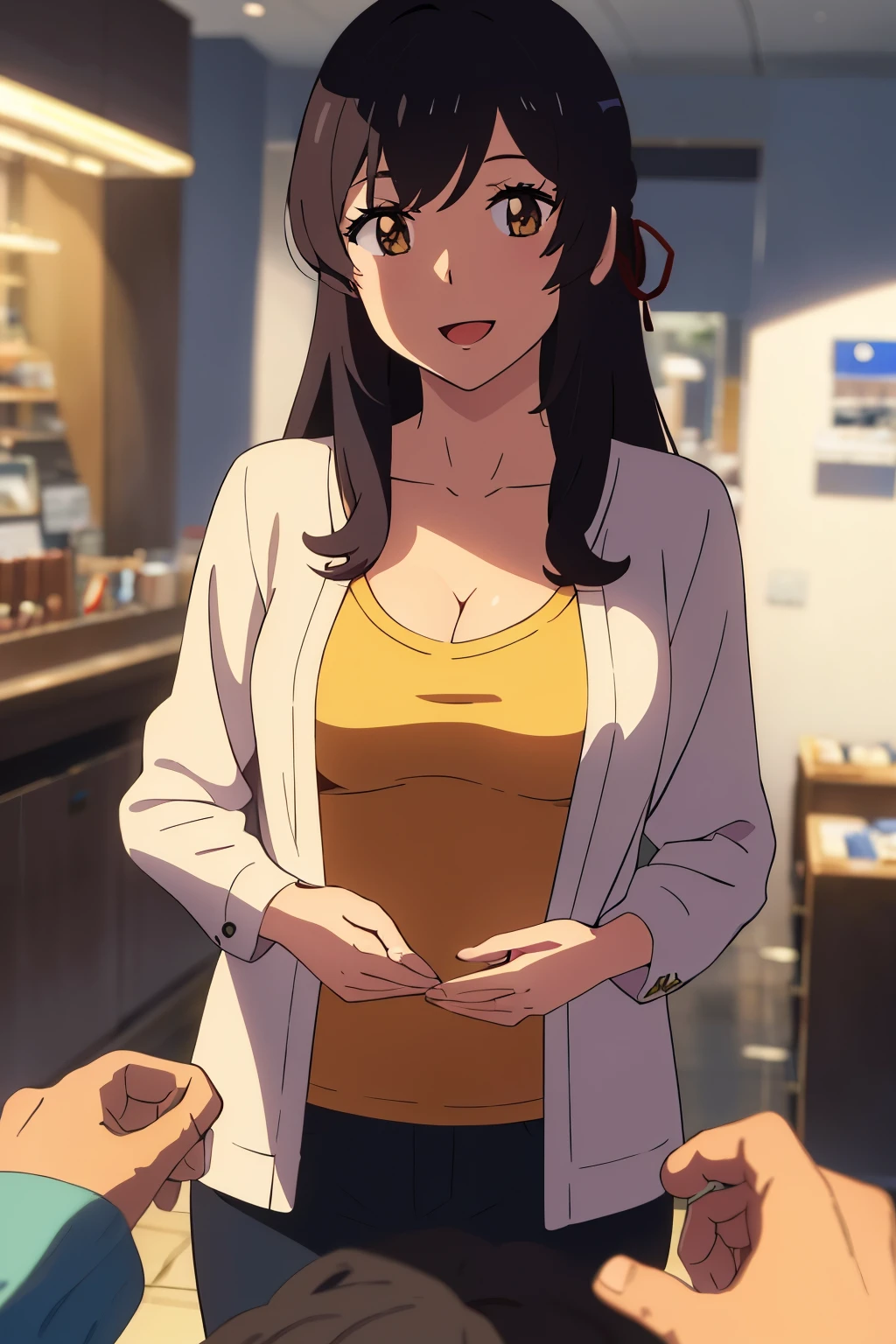 shinkai makoto, kimi no na wa., 1girl, bangs, black hair, brown eyes, open mouth :D, Twisted Half Up, red ribbon, long hair, long sleeve light yellow cardigan, open shirt, yellow shirt, cleavage, breast, medium breast, Orange shirt, name tag written "LUMINE Miyamizu", looking at the viewer, indoors, jewelry products, jewelry shop, jewelry saleswoman, indoors, mall, masterpiece, perfect anatomy, cowboyshot, POV (POV boy's hands holding girl's chest POV)