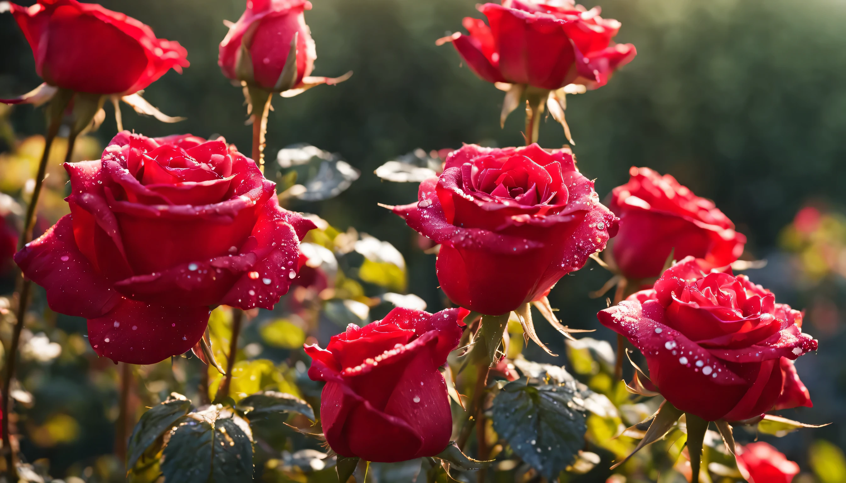 Many red color rose flowers in the garden and sunlight with bokeh, dew drops on flower petalasterpiece, ultra quality, high resolution, 8k, intricate: 1.2), (masterpiece), (best quality:1)