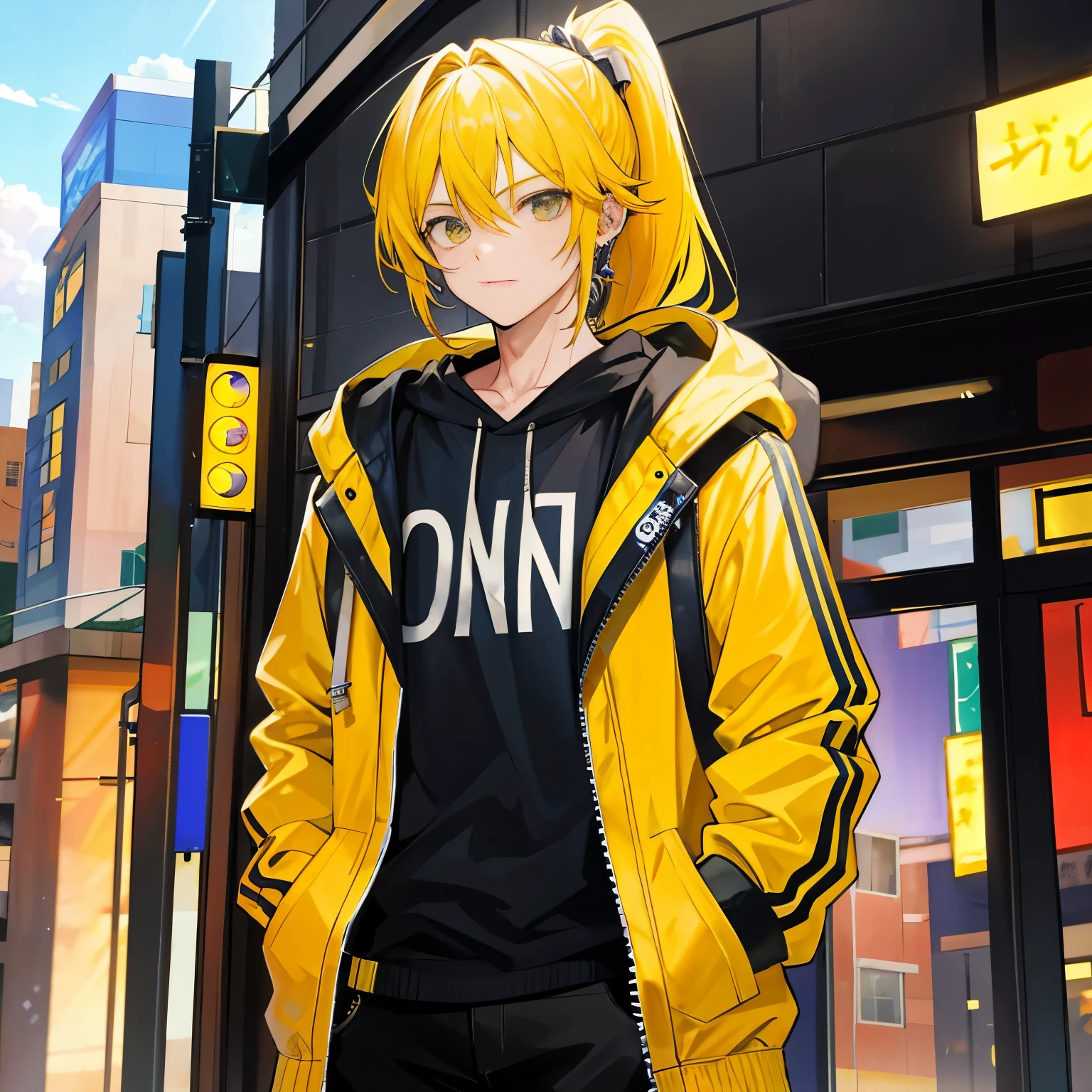 A man，Handsome，Ponytail Yellow Hair, Ear Piercing, SkyCrapper，Sateen，Gangster, Hoodie，Put your hands in your pockets