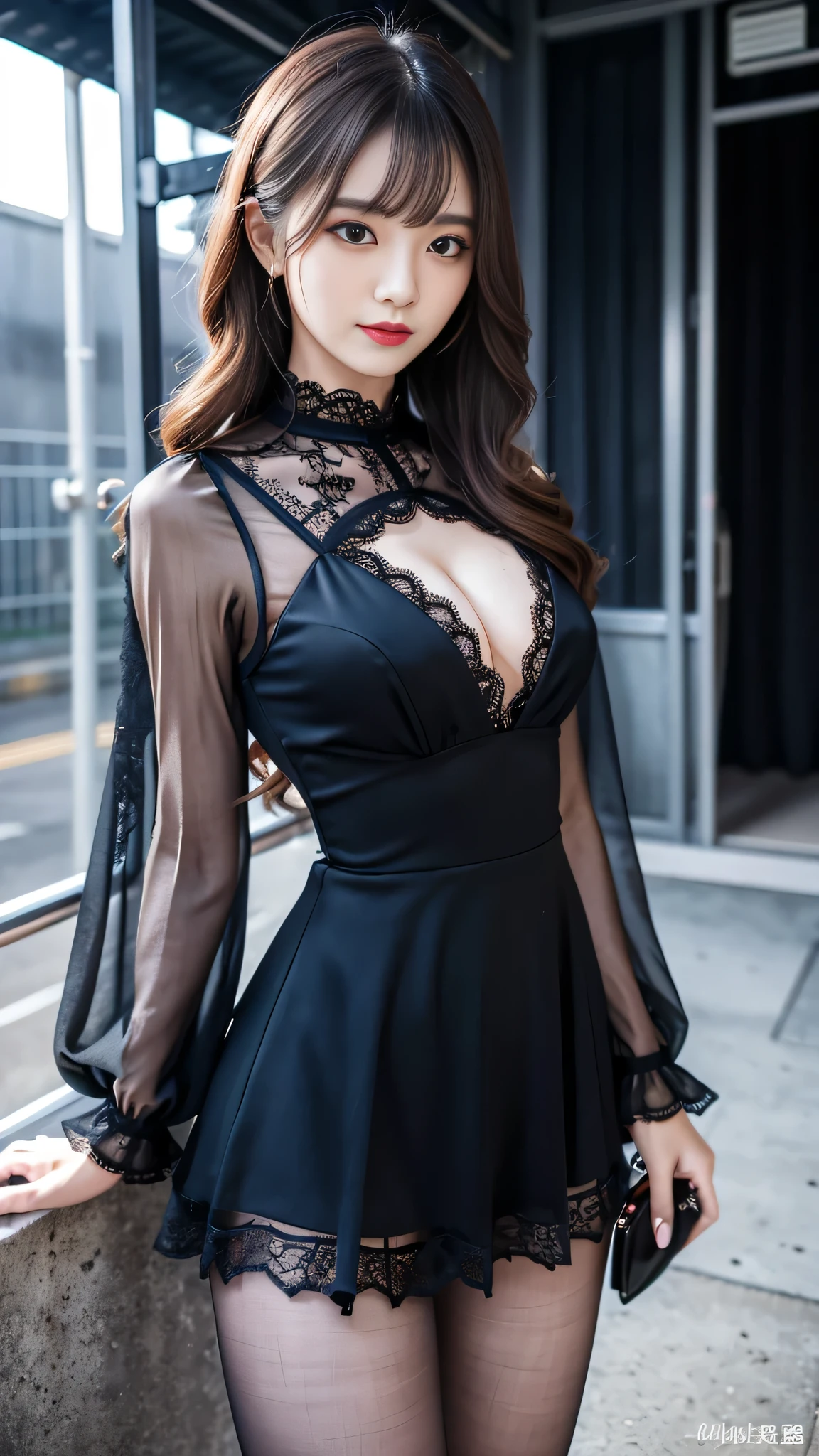 Super detailed、Japanese、charming beauty、seductive woman、Dainty woman、sharp eyes、cool girl、wavy hair、suit、Black chiffon、lacy fabric、wide sleeve、wearing a lace insert dress、white blouse、flare skirt、flower pantyhose、Shiny legs、evilの幹部、evil depravity、brainwashing、Mind control、lipstick、grin、邪evilなな表情、evil、empty eyes、邪evilな、one girl in a dark factory、Are standing