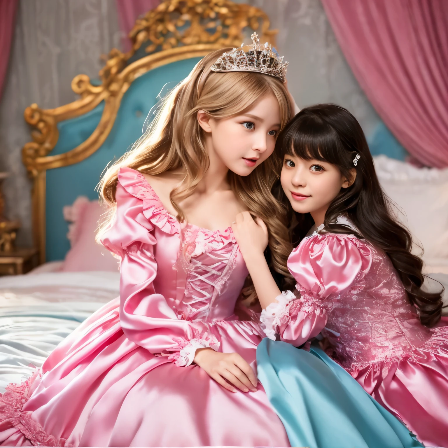 ,highest quality, masterpiece, highest resolution, artwork, super それにget used to it, many get used to it, get used to it, それにget used to it, 3K realistic photos,,((10 years old女の子)),Super detailed baby face,the two girls are princesses,Full length ball gown dress with hoop skirt,ruffled yoke collar,puff sleeves,long sleeve,((Lolita style hot pink detailed princess satin dress、Comes with lots of frills and ribbons。)),colorful rococo fashion,shiny satin dress,Soft and smooth fabric,luxury,long blonde hair,blue eyes,white skin european,pajamas,((inside the palace)),,,(( 10 years old)),Super detailed baby face,Full length ball gown dress with hoop skirt,long skirt,ruffled yoke collar,puff sleeves,腰まで伸びるlong blonde hair,blue eyes,white skin european,pajamas,((inside the palace bedroom)),シルクサテンのluxuryなcanopy bedの上,canopy bed,Luxurious curtains on both sides of the bed,many frilly pillows on the bed,super detailed background,Detailed bed,romantic atmosphere,two little princesses on the bed,Two people hugging each other,((((Both legs are hidden in the dress)))),the dress is spread out on the bed,soft silk satin comforter,soft silk satin ruffled pillow,Beautiful girl illustration,detailed beautiful face detailed hair,detailed human eye ,detailed mouth, arm details,fine hands,Detailed pillow,