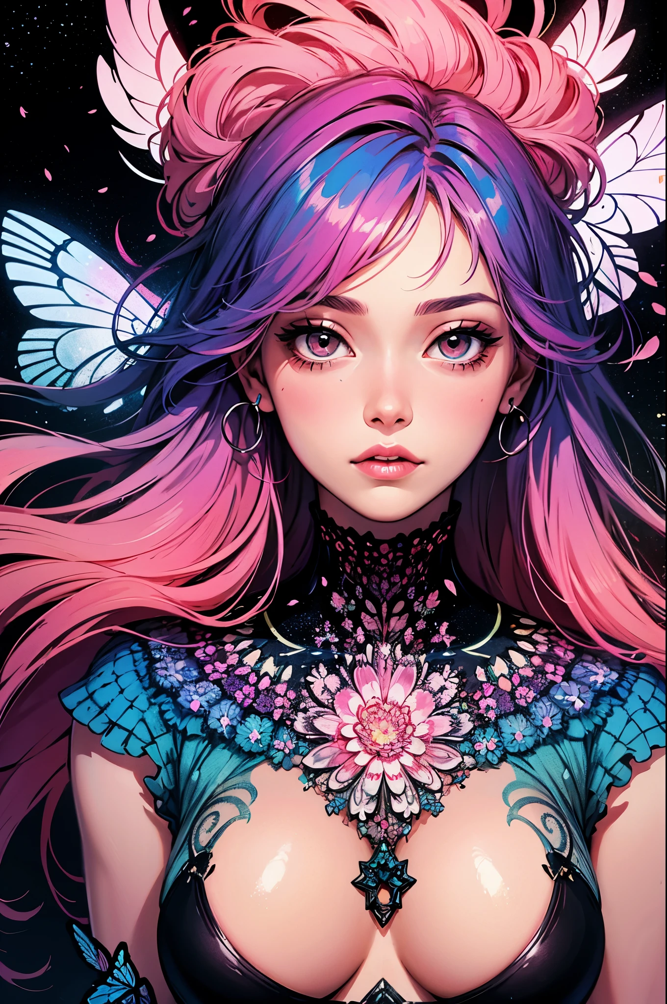 1girl,(pink_hair:1.1),(zentangle, mandala, tangle, entangle:0.6),(fractal, atmospheric, psychedelic, aesthetic,,cosmic, colorful, dreamlike art),the most beautiful form of chaos,brutalist designed, cherry blossoms and butterflies blowing in the wind