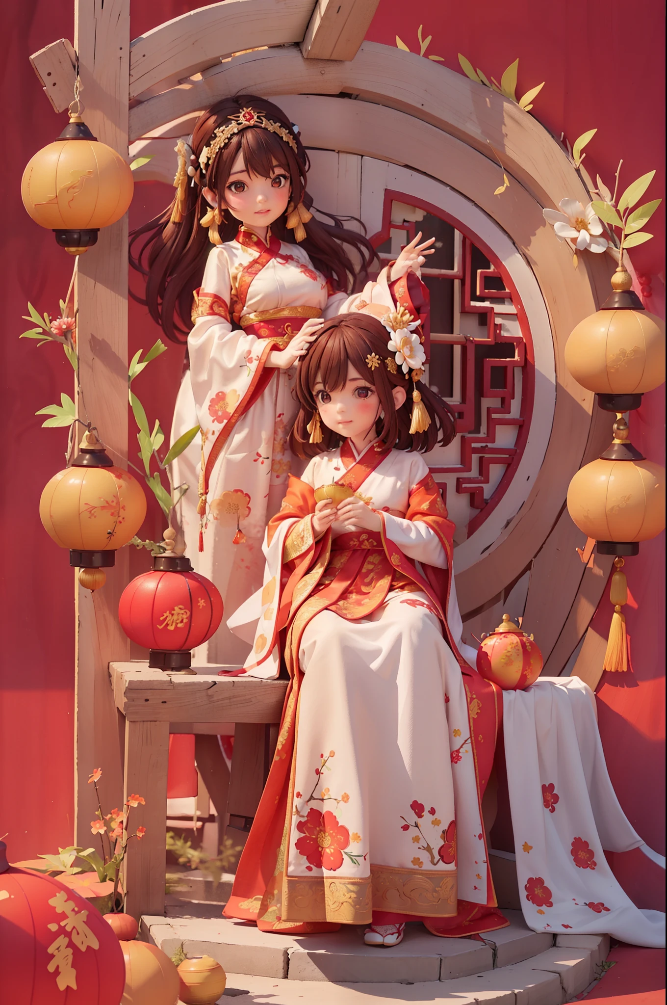 （masterpiece，quality，Best quality，official art，Beauty and aesthetics：1.2），（1 cute girl：1.3），The content is very detailed，alone，CNY,（fractal art：1.1），（a color：1.1）（blooming flowers：1.3），most detailed，（ tangled:1.2), (dynamic poses), (abstract background:1.3), (Chinese fabric:1.2), Hanfu，(skin glowing), (Many colors:1.4), Decorative painting：1.6，），brown hair,hair accessories, light,ink画和ink画，ink，Double tail,Chinese clothes,red background,Big red lanterns hung high，Holding a wishful ornament，