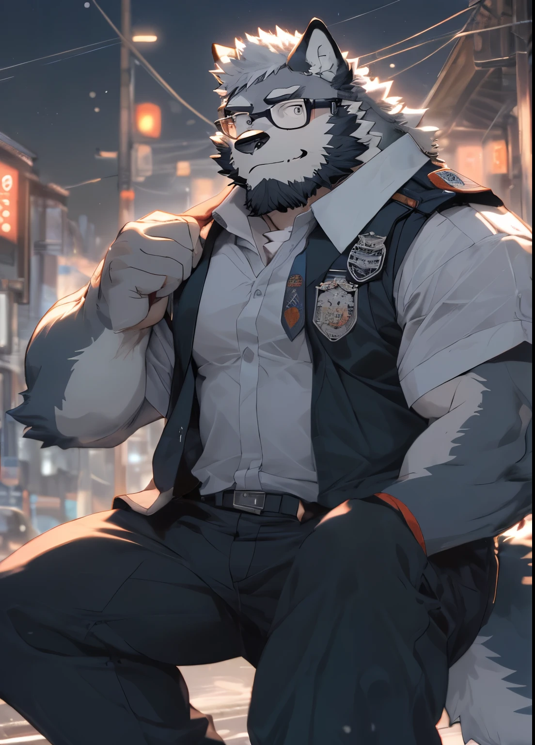 hairy,(Wolf,Black-rimmed glasses,firefighter clothing),beard,white fur,male,Common,full body picture,dynamic poses,smirk,rainy day,night,dark night,detailed background,极其lifelike阴影,masterpiece,Very detailed,lifelike