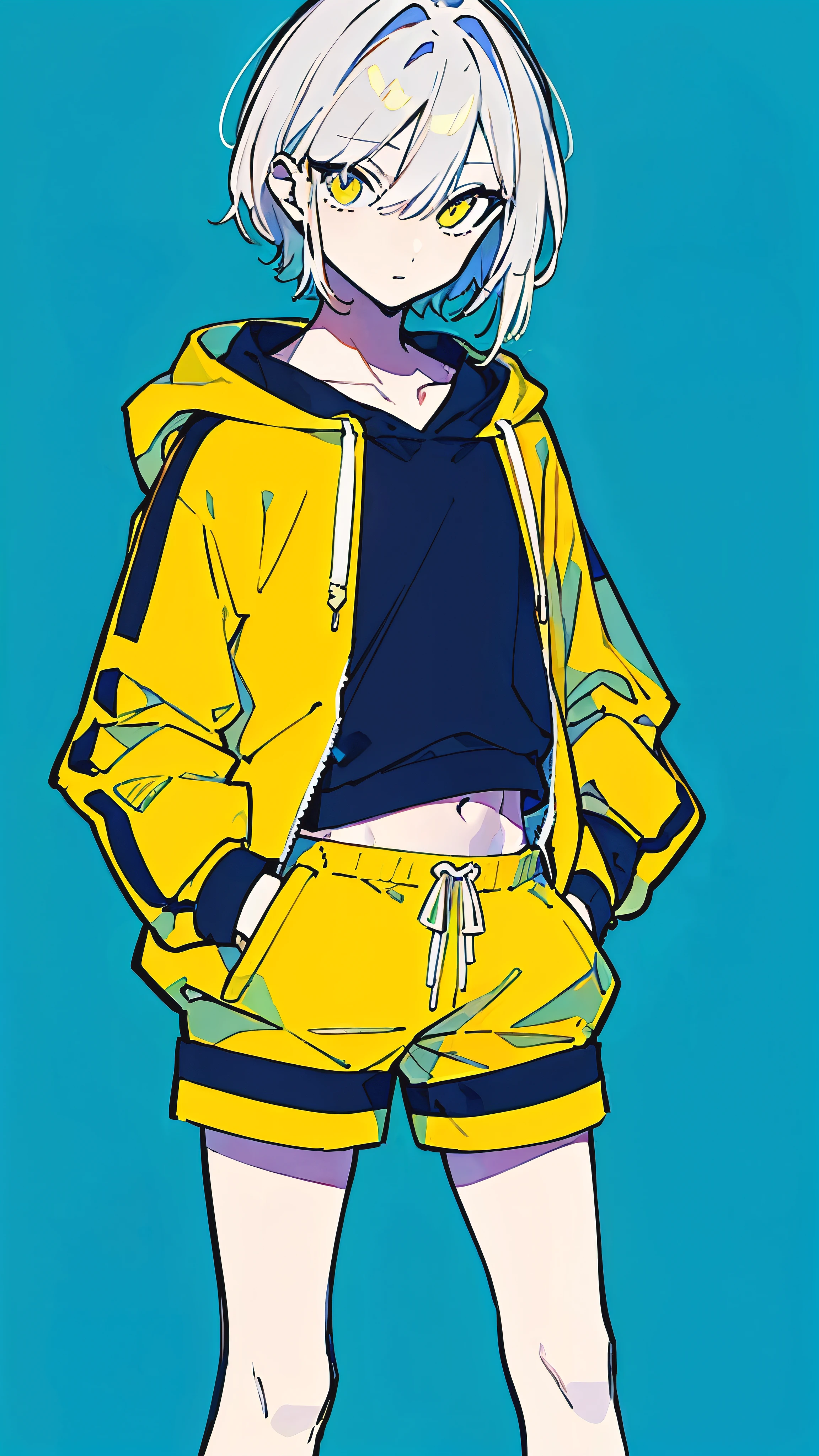 (masterpiece, highest quality:1.6), alone, thick outline, (simple background, Dark yellow background, monochrome, dark yellow theme:1.2), official art, Key Visual, 8K, confused, whole body, (Unique hair, oversized hoodie, hot pants, arch back, short torso:1.2), belly button, thighs, cowboy shot, HDR, sharp focus, High resolution, most detailed, very detailed, Super detailed, finely, detailed eyes and face, sharp pupils, realistic student, alone, contrast between yellow and light blue, alone, put one&#39;s hand in one&#39;s pocket