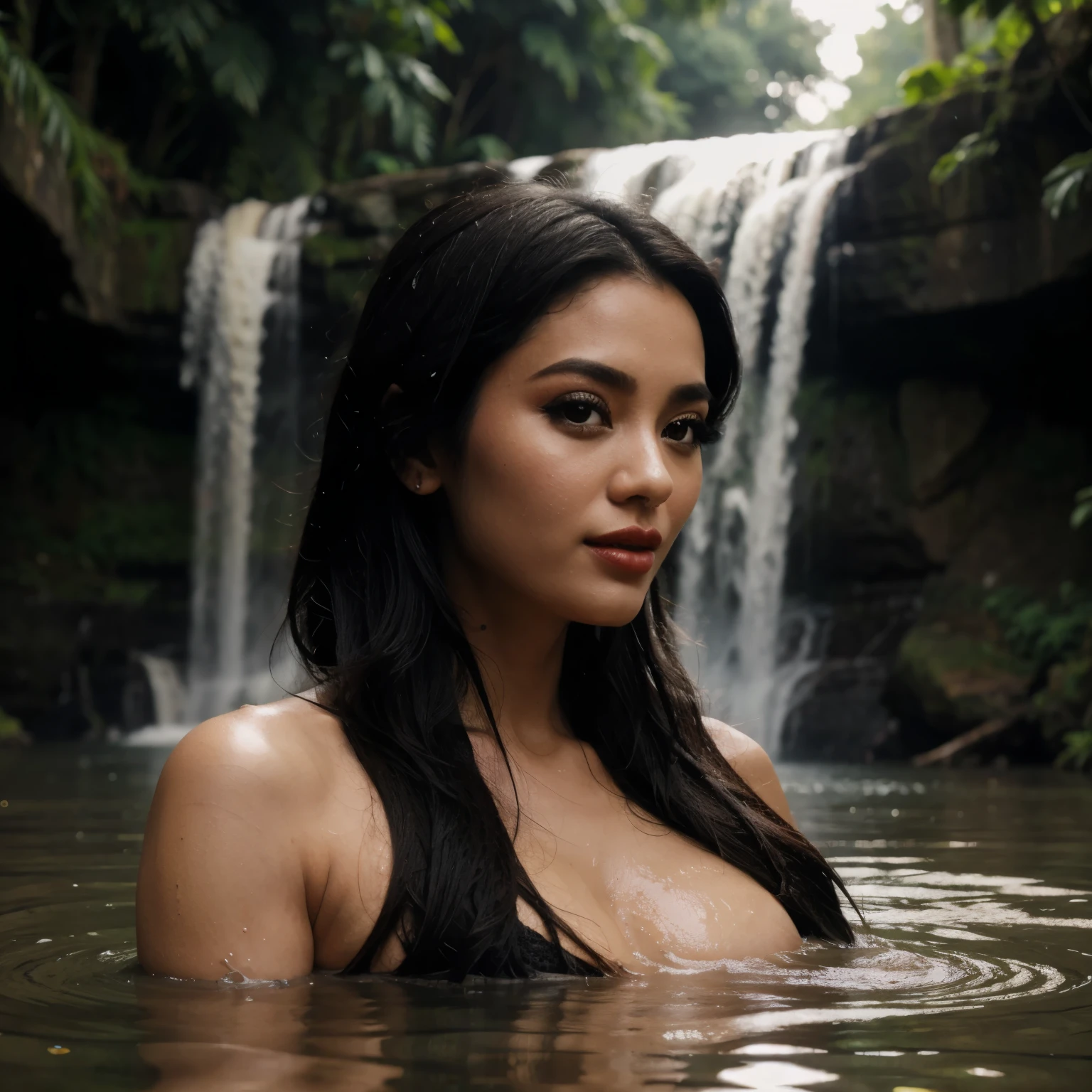 Landscape of 1woman(27yo, long black hair, red lips) taking bath into Indonesian river with 1man(33yo, brown skin, short black hair). waterfall background. forest. wet effect. detailed.