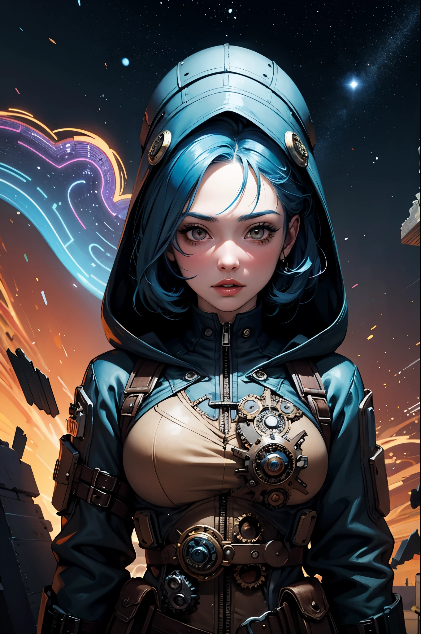 (extremamente detalhada CG unidade de parede 8k, obra-prima, melhor qualidade, destacada, garota com traje futurista, Magical currents floating, cabelos azul escuro, olhos multicoloridos, estilo cyberpunk anime,rainbowart, magia, mago, Magic sphere, pele de vidro, hanging jewelry, post apocalyptic scenario) lighting tones bright colors,