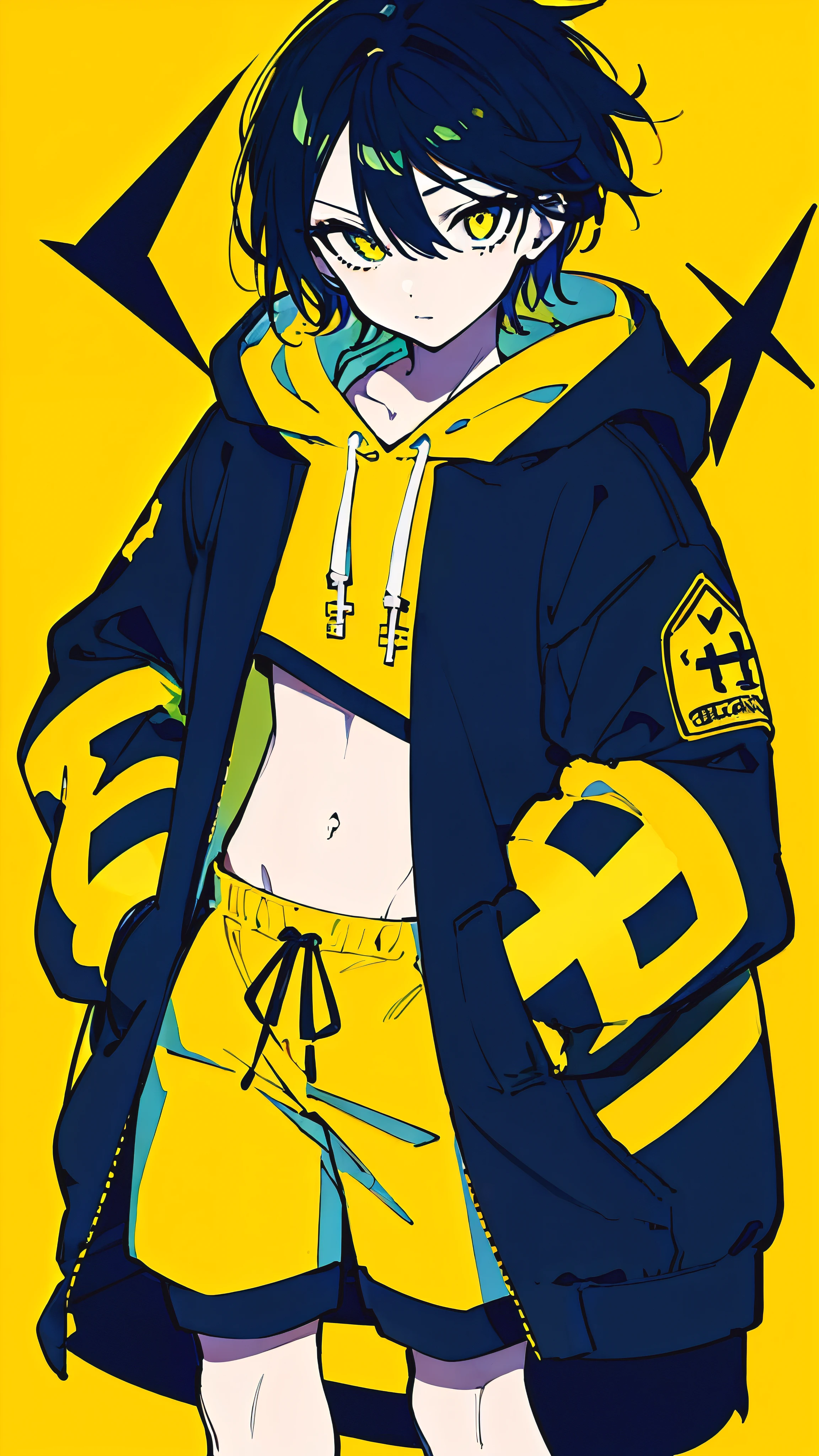 (masterpiece, highest quality:1.6), alone, thick outline, (simple background, Dark yellow background, monochrome, dark yellow theme:1.2), official art, Key Visual, 8K, confused, whole body, (Unique hair, oversized hoodie, hot pants, arch back, short torso:1.2), belly button, thighs, cowboy shot, HDR, sharp focus, High resolution, most detailed, very detailed, Super detailed, finely, detailed eyes and face, sharp pupils, realistic student, alone, contrast between yellow and light blue, alone, put one's hand in one's pocket