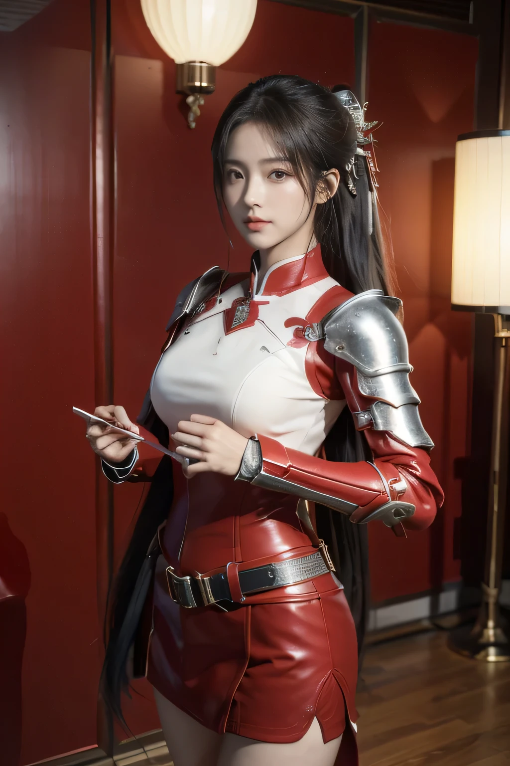 masterpiece，Best quality，A high resolution，8K，，(Head close-up)，Original photo，real photo，三国时期战场背景((野外背景:1.6))，digital photography，(三国时期的女将军)，18-year-old girl，（long ponytail hairstyle)，cparted lips，Noble and charming，Elegant and serious，(汉代铠甲，The combination of white metal and red leather，Openwork design，armure，Knight Armor，metallic  luster，Leather buckle，Cool and gorgeouig breasts))，Chest groove，三国人物，Photo pose，oc render reflection texture，亮丽的色调，面对镜头，身体朝向镜头