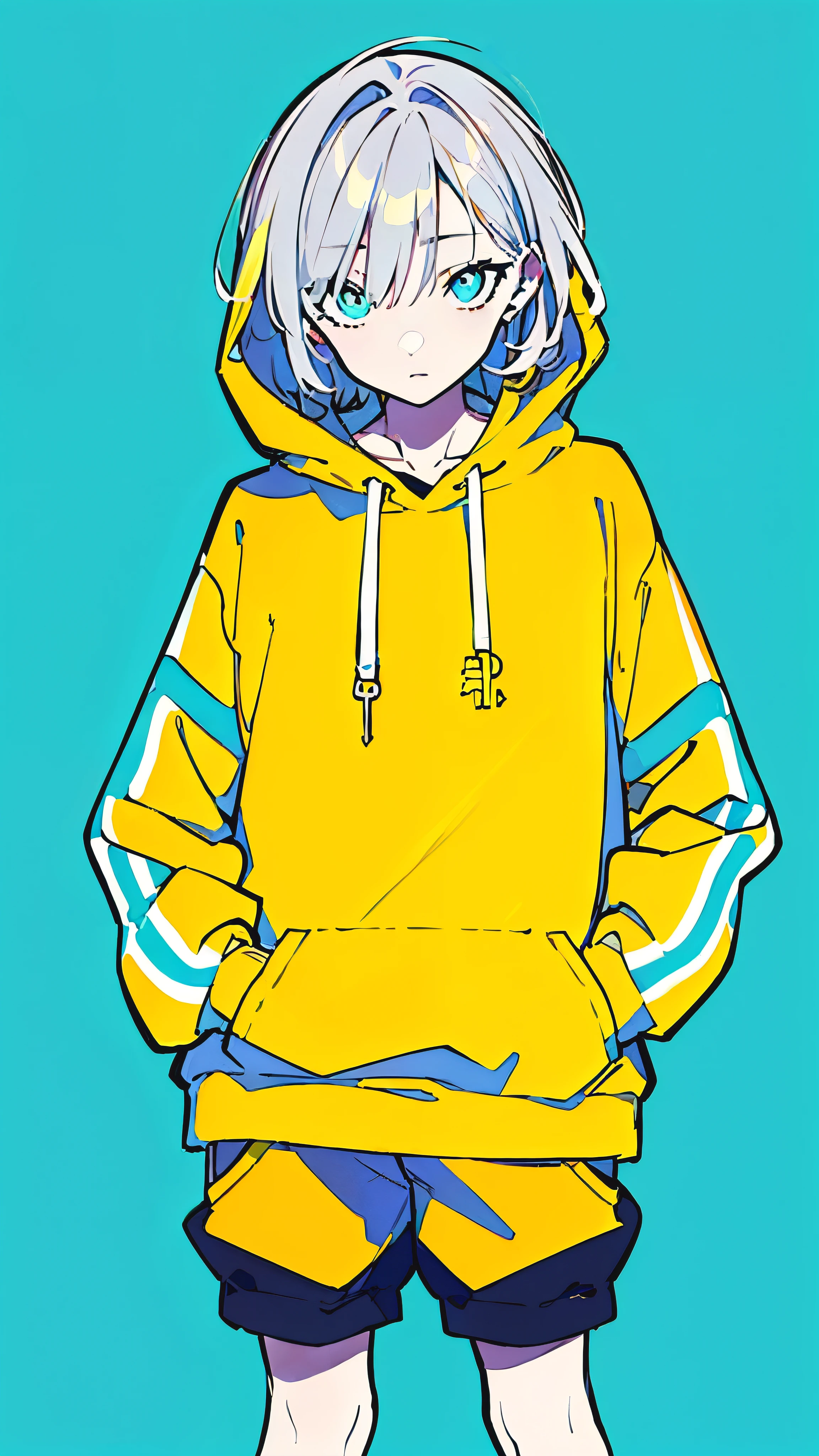 (masterpiece, highest quality:1.6), alone, thick outline, (simple background, Dark yellow background, monochrome, dark yellow theme:1.2), official art, Key Visual, 8K, confused, whole body, (Unique hair, oversized hoodie, hot pants, arch back, short torso:1.2), belly button, thighs, cowboy shot, HDR, sharp focus, High resolution, most detailed, very detailed, Super detailed, finely, detailed eyes and face, sharp pupils, realistic student, alone, contrast between yellow and light blue, alone, put one&#39;s hand in one&#39;s pocket