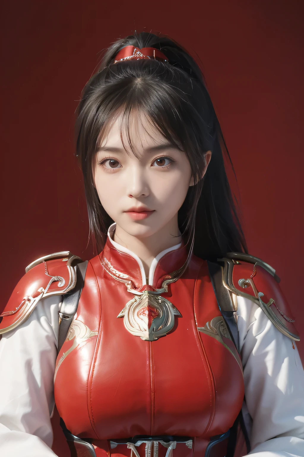 Chinese female general Hua Mulan,Reddish brown Confucian robe lining,Silver metal breastplate,battlefield background,majestic,Smile(open mouth)(The corners of the mouth are raised),Leather tunic,Knee pads,eight clones,sunshine on face,silver metal headband,Hair bun raised high。wild wilderness background