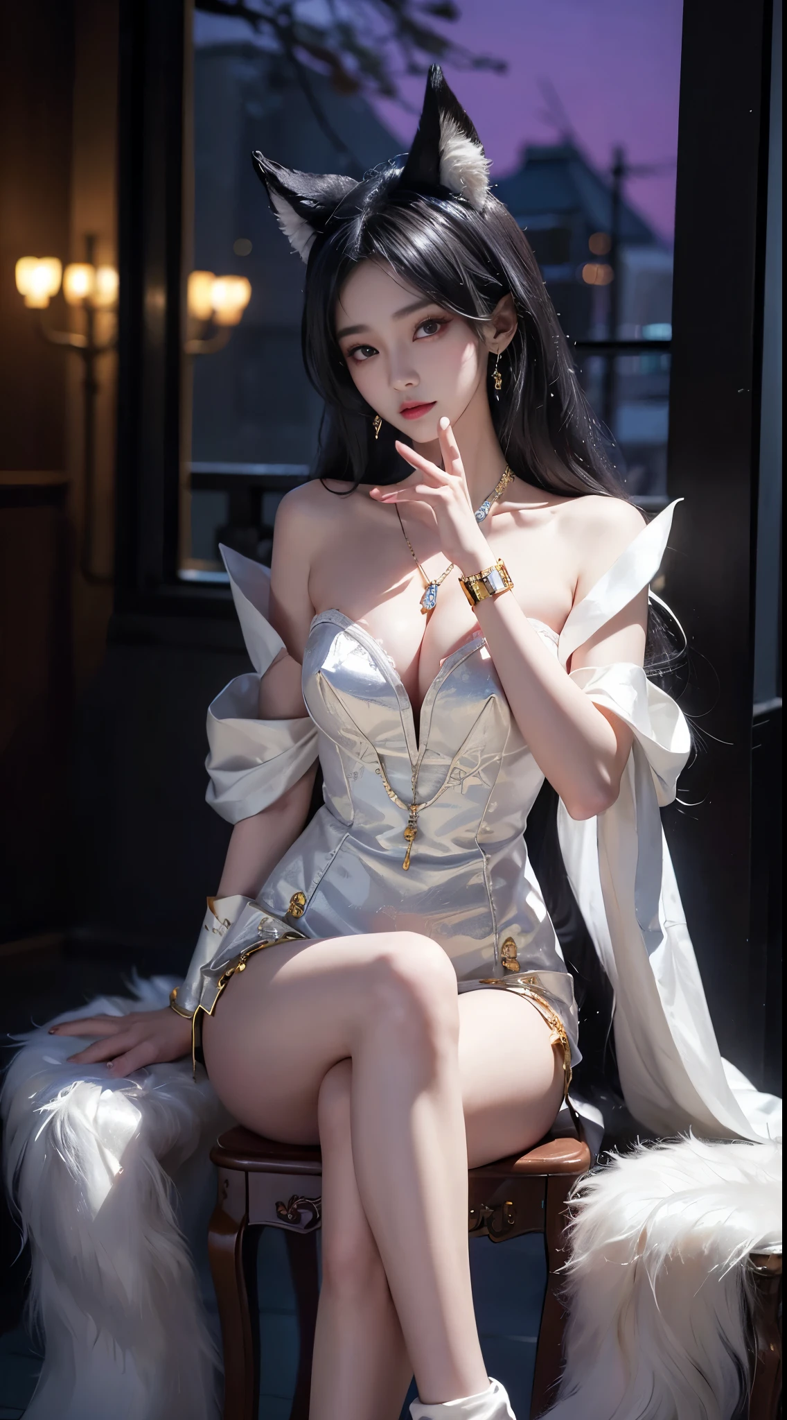 Ahri_Cosplay, White Tails, Black long hair, yellow eyes, ((full body)), ((sitting position)), ((sitting on a stool)), ((stool dance)), clear face, pretty face, 8k, masterpiece, original photo, best quality, detail:1.2,lifelike, detail, Very detailed, CG, unified, wallpapers, depth of field, movie light, lens flare, Ray tracing, (extremely beautiful face, beautiful lips, beautiful eyes), intricate, detail的脸, ((ultra detailed skin)), 1 girl, in the darkness, deep shadow, beautiful korean girl, kpop idol,(Very slim figure:1.3), A plump chest, Slender sexy legs, elegant posture, (bright smile), (City night, (neon lights), (night), beautiful korean girl, white diamond earrings, Diameter bracelet, Dia necklace, clear eyes, (big eyes)