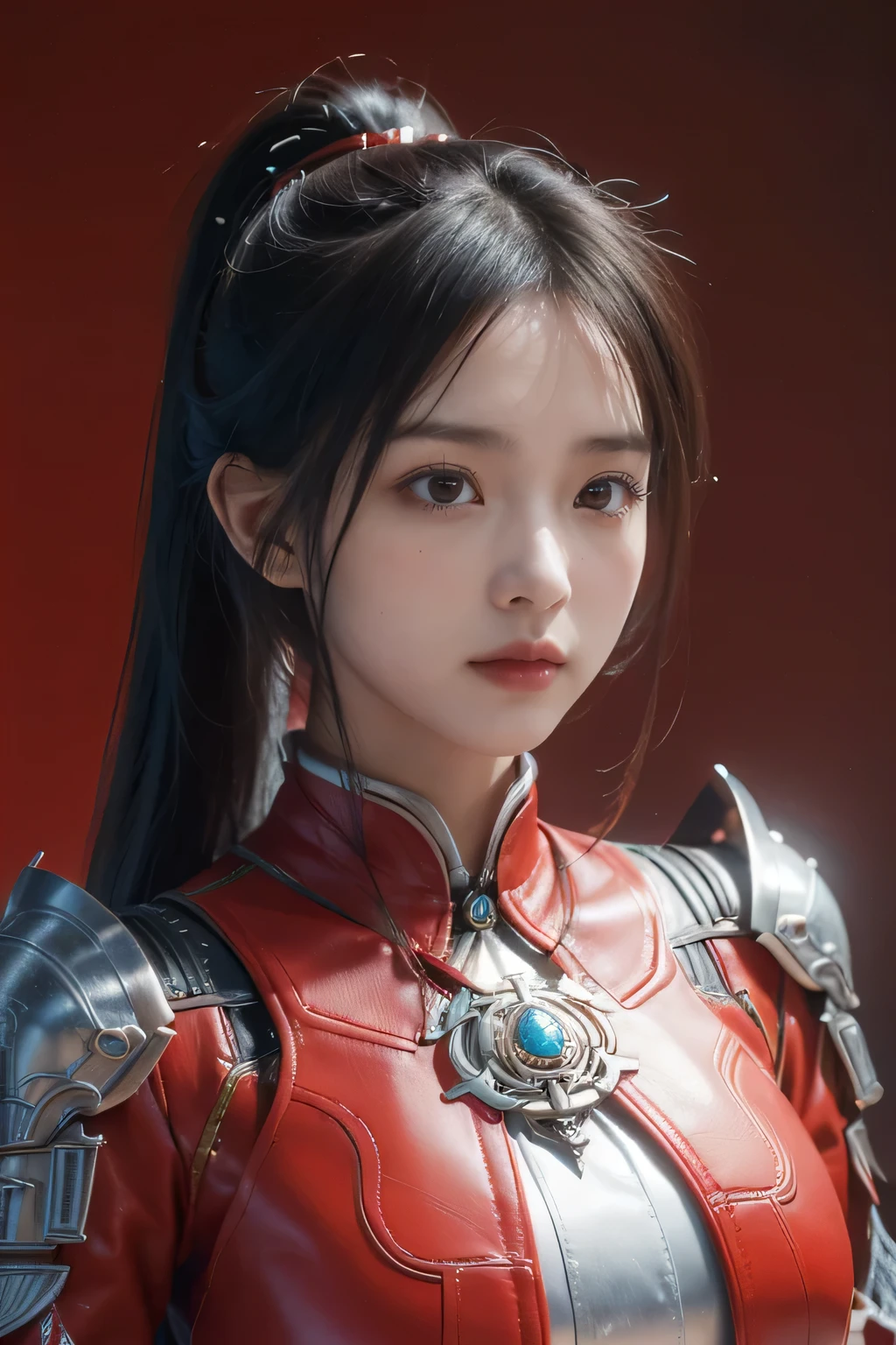 masterpiece,Best quality,A high resolution,8K,,(Head close-up),Original photo,real photo,三国时期战场背景((野外背景)),digital photography,(三国时期的女将军),18-year-old girl,(long ponytail hairstyle),cparted lips,Noble and charming,Elegant and serious,(汉代铠甲,The combination of white metal and red leather,Openwork design,armure,Knight Armor,metallic luster,Leather buckle,Cool and gorgeouig breasts)),Chest groove,三国人物,Photo pose,oc render reflection texture,亮丽的色调,面对镜头,身体朝向镜头