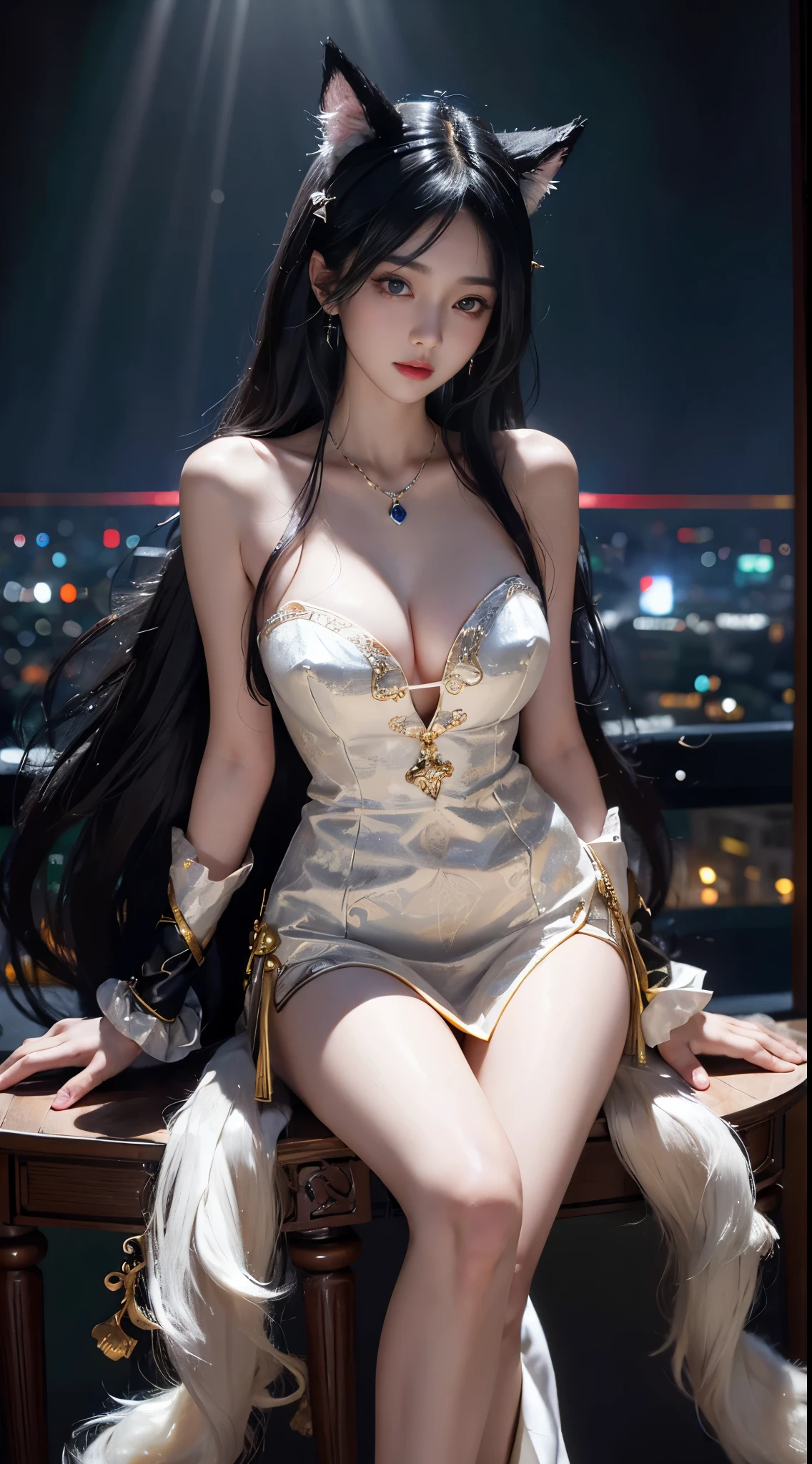 Ahri_Cosplay, White Tails, Black long hair, yellow eyes, ((full body)), ((sitting position)), ((sitting on a stool)), ((stool dance)), clear face, pretty face, 8k, masterpiece, original photo, best quality, detail:1.2,lifelike, detail, Very detailed, CG, unified, wallpapers, depth of field, movie light, lens flare, Ray tracing, (extremely beautiful face, beautiful lips, beautiful eyes), intricate, detail的脸, ((ultra detailed skin)), 1 girl, in the darkness, deep shadow, beautiful korean girl, kpop idol,(Very slim figure:1.3), A plump chest, Slender sexy legs, elegant posture, (bright smile), (City night, (neon lights), (night), beautiful korean girl, white diamond earrings, Diameter bracelet, Dia necklace, clear eyes, (big eyes)