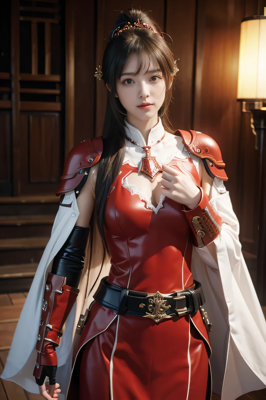 masterpiece,Best quality,A high resolution,8K,Original photo,real photo,三国时期战场背景((野外背景)),digital photography,(三国时期的女将军),18-year-old girl,(long ponytail hairstyle),cparted lips,Noble and charming,Elegant and serious,(汉代铠甲,The combination of white metal and red leather,Openwork design,armure,Knight Armor,metallic luster,Leather buckle,Cool and gorgeouig breasts)),Chest groove,三国人物,Photo pose,oc render reflection texture,亮丽的色调,面对镜头,身体朝向镜头
