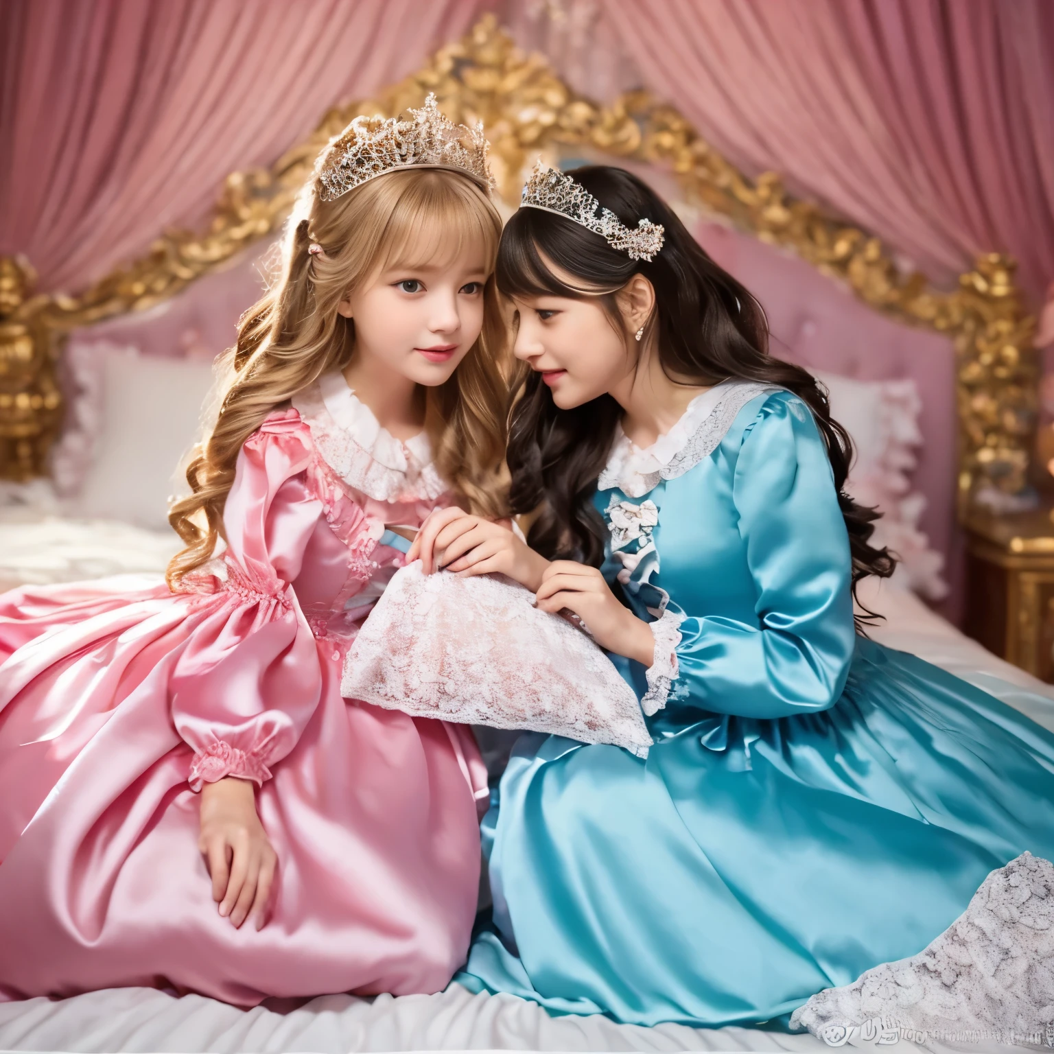 ,highest quality, masterpiece, highest resolution, artwork, super それにget used to it, many get used to it, get used to it, それにget used to it, 3K realistic photos,,((女の子)),Super detailed baby face,the two girls are princesses,Full length ball gown dress with hoop skirt,ruffled yoke collar,puff sleeves,long sleeve,((Lolita style pink detailed princess satin dress、Comes with lots of frills and ribbons。)),colorful rococo fashion,shiny satin dress,Soft and smooth fabric,luxury,long blonde hair,blue eyes,white skin european,pajamas,((inside the palace)),,,(( 10 years old)),Sd baby face,Full length ball gown dress with hoop skirt,long skirt,ruffled yoke collar,puff sleeves,腰まで伸びるlong blonde hair,blue eyes,white skin european,pajamas,((inside the palace bedroom)),シルクサテンのluxuryなcanopy bedの上,canopy bed,Luxurious curtains on both sides of the bed,many frilly pillows on the bed,super detailed background,Detailed bed,romantic atmosphere,two little princesses on the bed,Two people hugging each other,((((Both legs are hidden in the dress)))),the dress is spread out on the bed,soft silk satin comforter,soft silk satin ruffled pillow,Beautiful girl illustration,detailed beautiful face detailed hair,detailed human eye ,detailed mouth, arm details,fine hands,Detailed pillow,