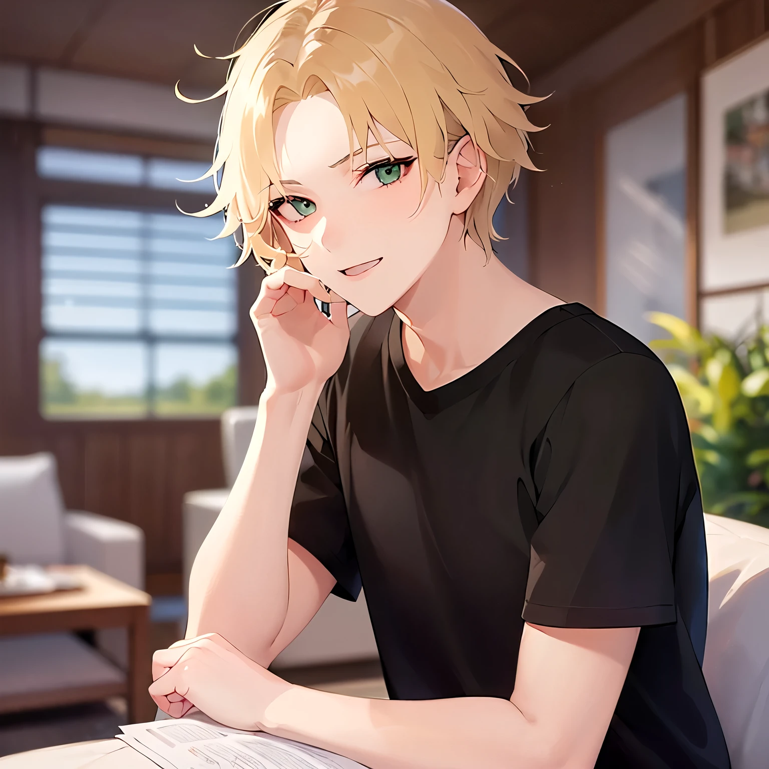 masterpiece、high quality、(20 year old man with short blonde hair and green eyes：1.5)、(femboy:1.2), wearing a black T-shirt、(Alone:1.5)、(evil smile:1.1)、(close up of your face:1.3)、(Only the upper body is shown.:1.3)、Stay in the living room、sitting on the sofa、