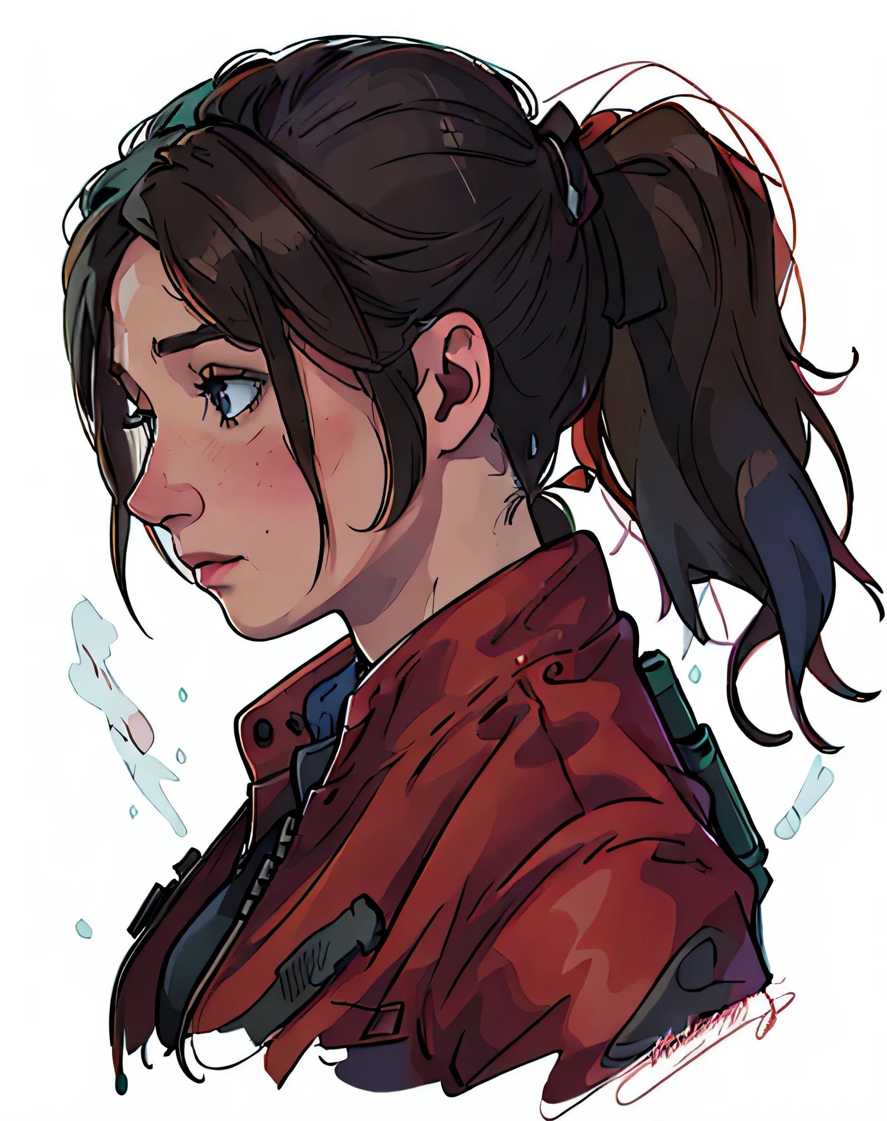 um close de uma pessoa com um rabo de cavalo e uma jaqueta vermelha, Aerith Gainsborough, Arte digital escura, mas detalhada, Ellie (last of us), inspirado em Magali Villeneuve, graphic artist Magali Villeneuve, admirador de arte requintada altamente detalhada, estilo de arte realista, Alena Aemani Arte Digital, Admirador de arte, retrato de arte de personagem, Ellie from the last of us