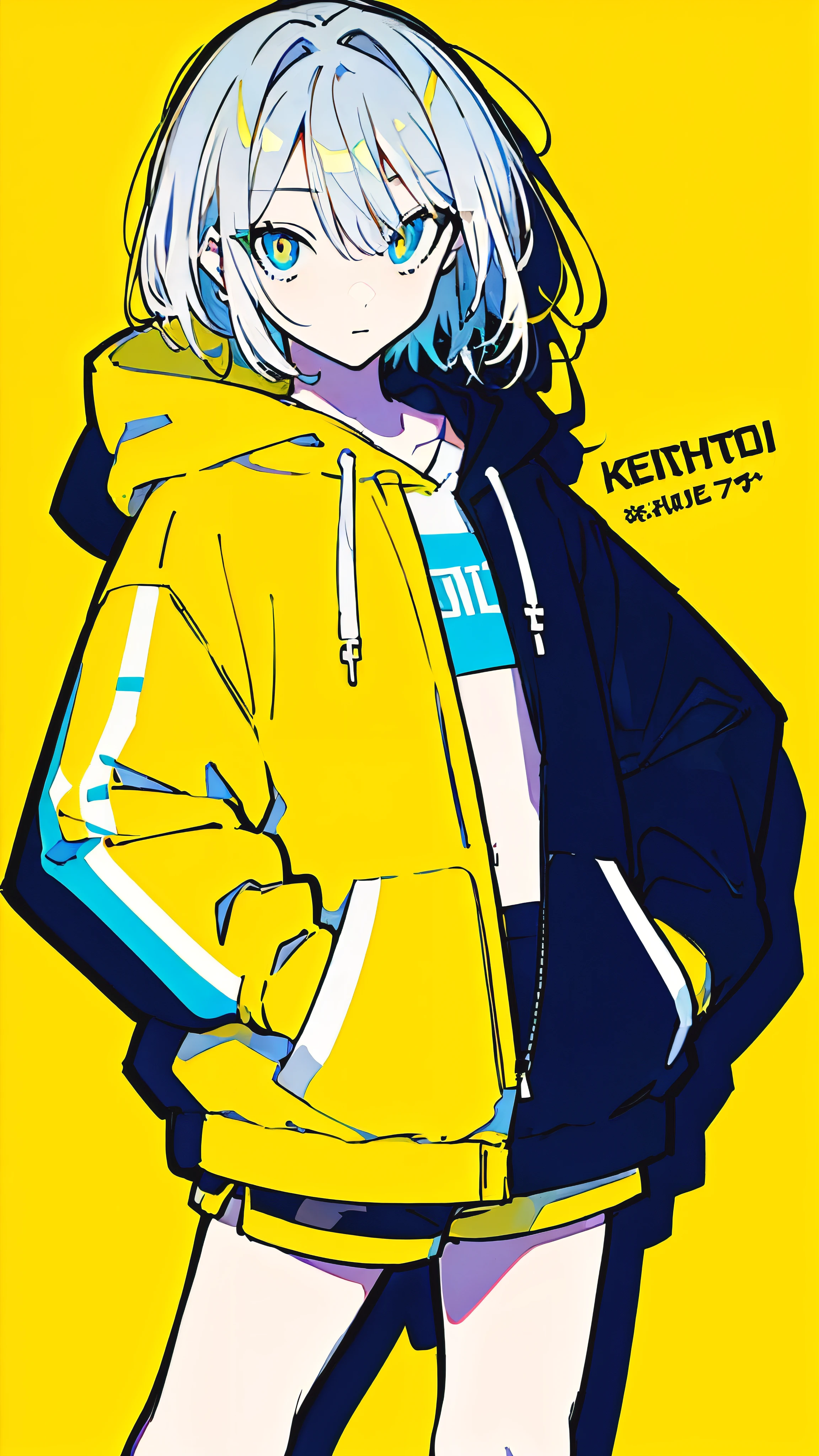 (masterpiece, highest quality:1.6), alone, thick outline, (simple background, Dark yellow background, monochrome, dark yellow theme:1.2), official art, Key Visual, 8K, confused, whole body, (Unique hair, oversized hoodie, hot pants, arch back, short torso:1.2), belly button, thighs, cowboy shot, HDR, sharp focus, High resolution, most detailed, very detailed, Super detailed, finely, detailed eyes and face, sharp pupils, realistic student, alone, contrast between yellow and light blue, alone, put one&#39;s hand in one&#39;s pocket