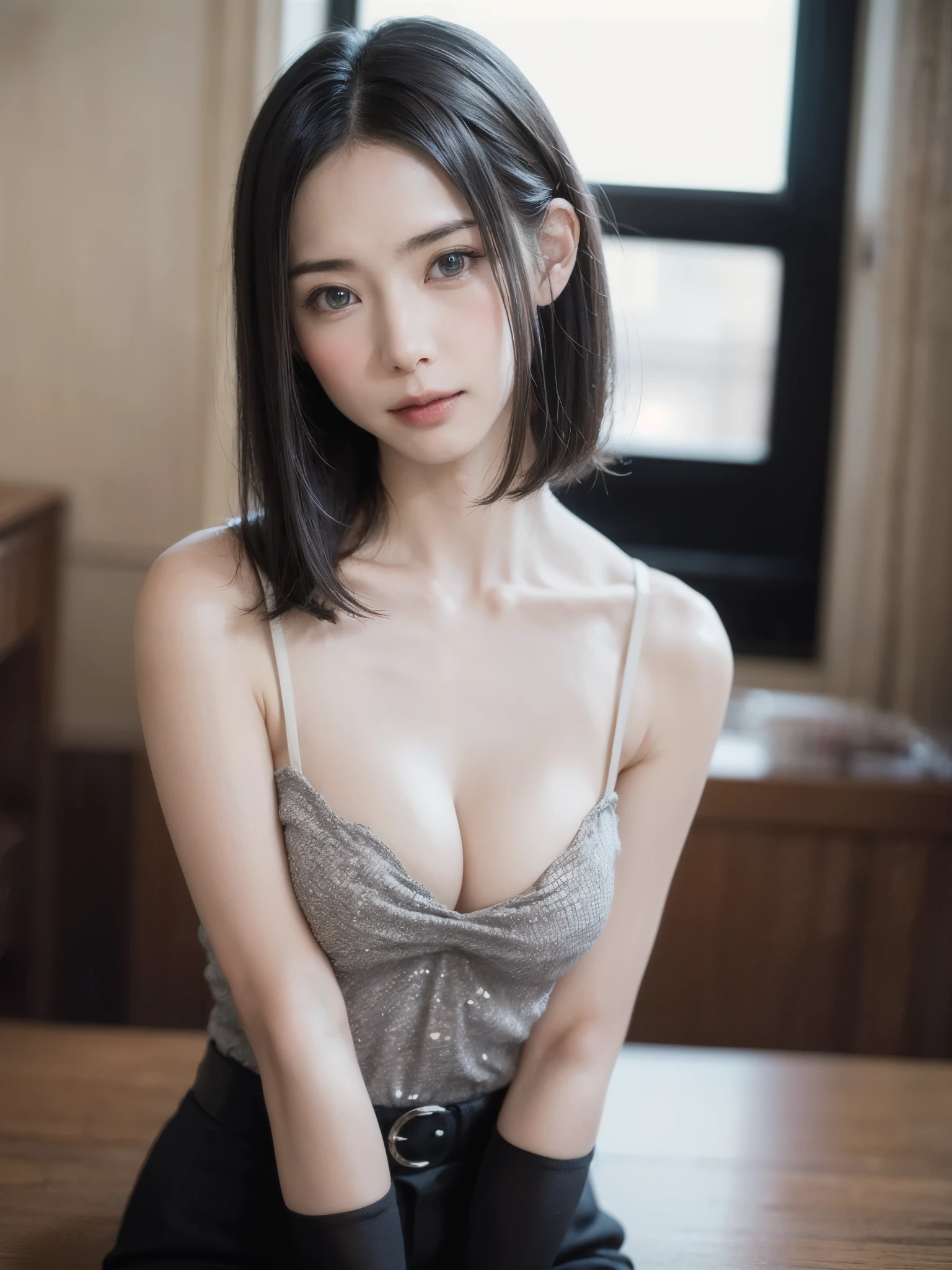 (table top, highest quality、high detail:1.4、very attractive beauty、Adds intense highlights to the eyes、look closely at the camera:1.4、Beautiful woman full of charm、ideal body proportions、perfect anatomy、brunette short bob hair、shiny hair、bangs:2、光沢のあるbangs:2、lip gloss),1 girl, Report, light brown shiny hair, scarf,realistic, looking at the viewer、Please tilt your head slightly, bright colored crystal light blue eyes, short and shiny hair、 chest中央に穴の開いた白いタートルネックの衣装,chestの真ん中に丸い穴のあるセクシーな白いタートルネック ニット セーター、 lips, lip gloss, Upper body、Big eyes、eyelash、face is a little red、embarrassing)、((italian road in winter))、((short hair with Big eyess、Give students very powerful highlights、{Huge|big|Hugeな|mega} chest:2、very bigger chest:2、look at the audience、very beautiful beauty、please show me your ears、long neck、smile a little、beautiful teeth、open your mouth and smile、heart shaped eyes))、28 years old、very cute super model、portrait:2、close up face:2