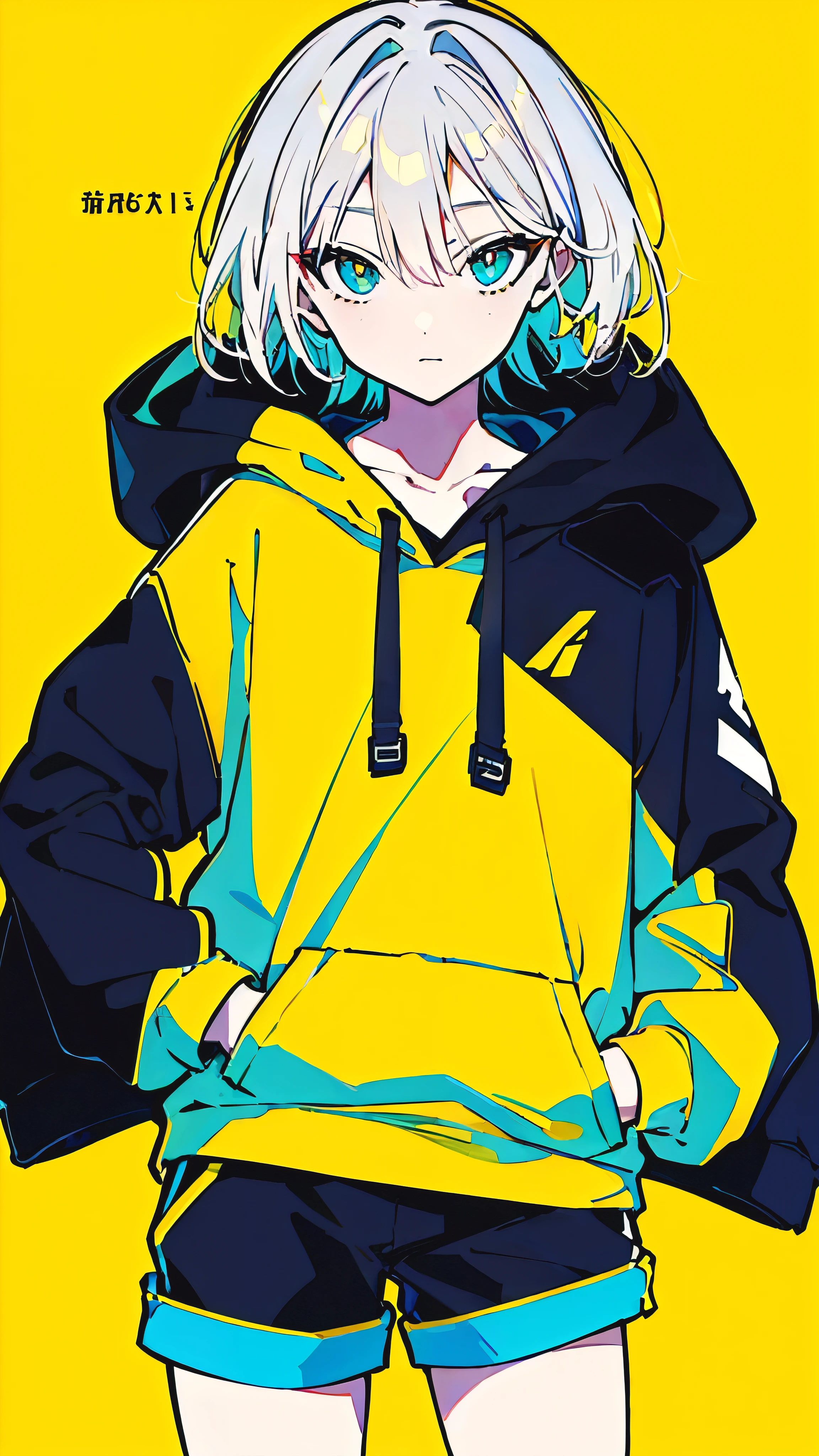 (masterpiece, highest quality:1.6), alone, thick outline, (simple background, Dark yellow background, monochrome, dark yellow theme:1.2), official art, Key Visual, 8K, confused, whole body, (Unique hair, oversized hoodie, hot pants, arch back, short torso:1.2), belly button, thighs, cowboy shot, HDR, sharp focus, High resolution, most detailed, very detailed, Super detailed, finely, detailed eyes and face, sharp pupils, realistic student, alone, contrast between yellow and light blue, alone, put one'Hand in hand'pocket of