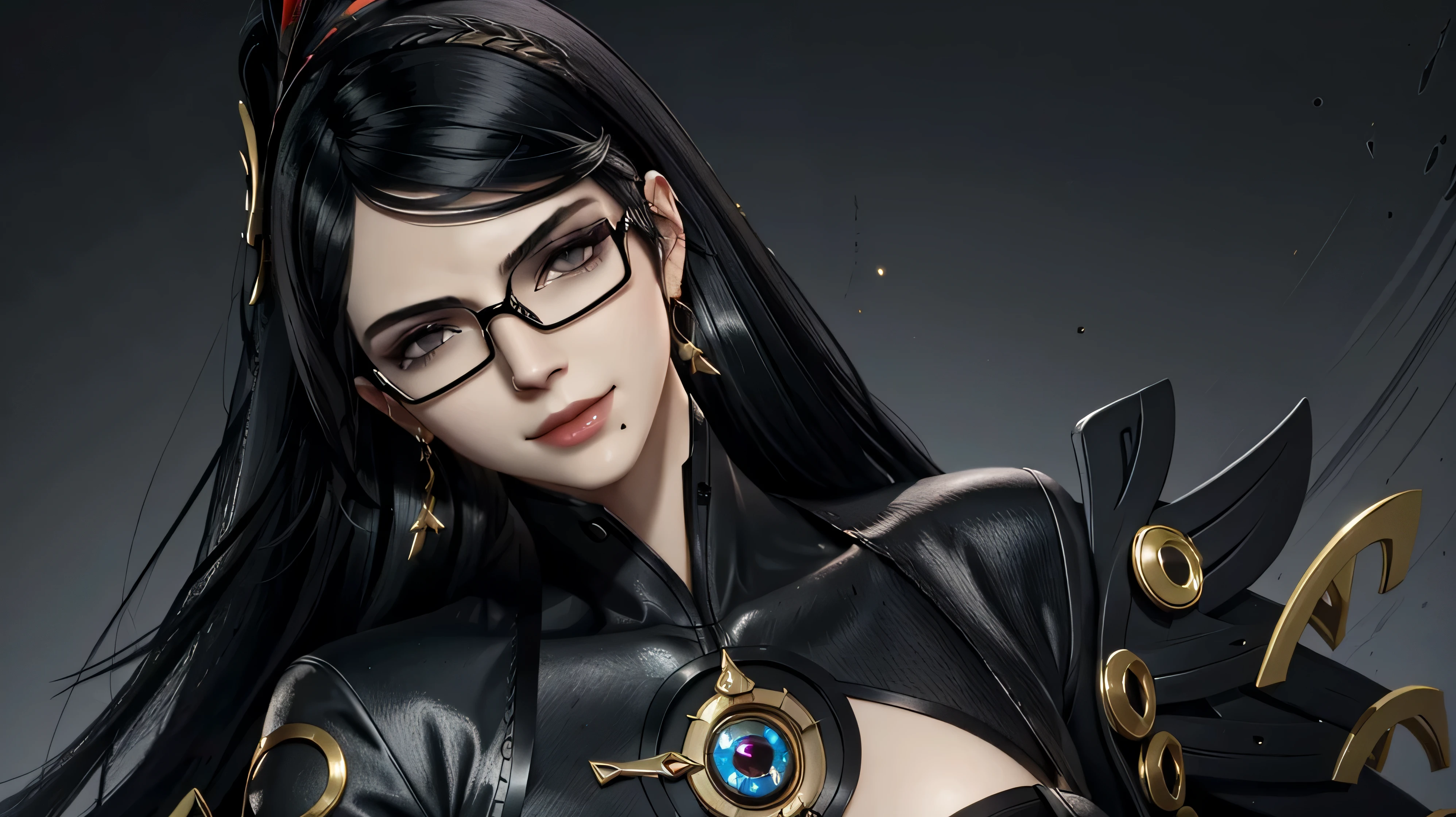 bayonetta_1_aiwaifu,black_hair,glasses,blue_eyes,mole_under_mouth,very_long_hair,jewelry,large_breasts,earrings,ribbon,bodysuit,gloves,hair_ribbon,makeup,lipstick,cleavage_cutout,cleavage,amulet,chain,elbow_gloves,bangs,gold_chain,skin_tight,official art,extremely detailed CG unity 8k wallpaper, perfect lighting,Colorful, Bright_Front_face_Lighting,shiny skin,
(masterpiece:1.0),(best_quality:1.0), ultra high res,4K,ultra-detailed,
photography, 8K, HDR, highres, (absurdres:1.2), Kodak portra 400, film grain, blurry background, (bokeh:1.2), lens flare, (vibrant_color:1.2),professional photograph,
(beautiful_face:1.5),