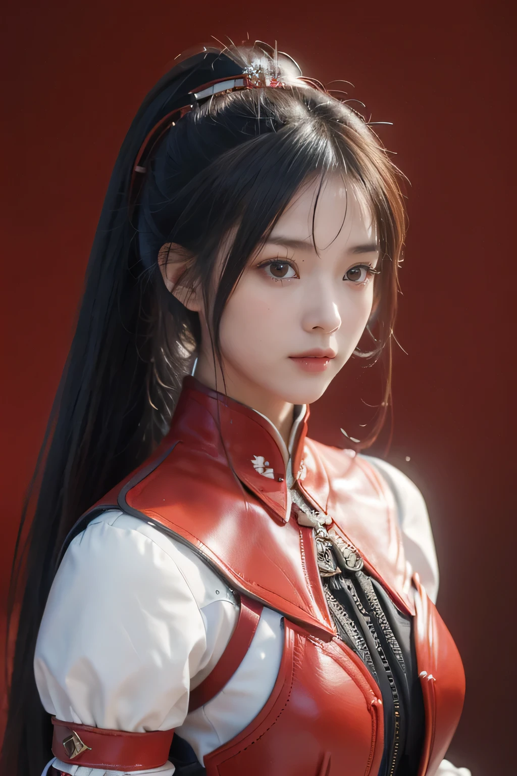 masterpiece,Best quality,A high resolution,8K,,((Head close-up)),Original photo,real photo,森林背景((野外背景)),digital photography,(汉代战场中的女将军),18-year-old girl,(long ponytail hairstyle),cparted lips,Noble and charming,Elegant and serious,(汉代铠甲,The combination of white metal and red leather,Openwork design,armure,Knight Armor,metallic luster,Leather buckle,Cool and gorgeouig breasts)),Chest groove,三国人物画风,Photo pose,oc render reflection texture,亮丽的色调,面对镜头,身体朝向镜头