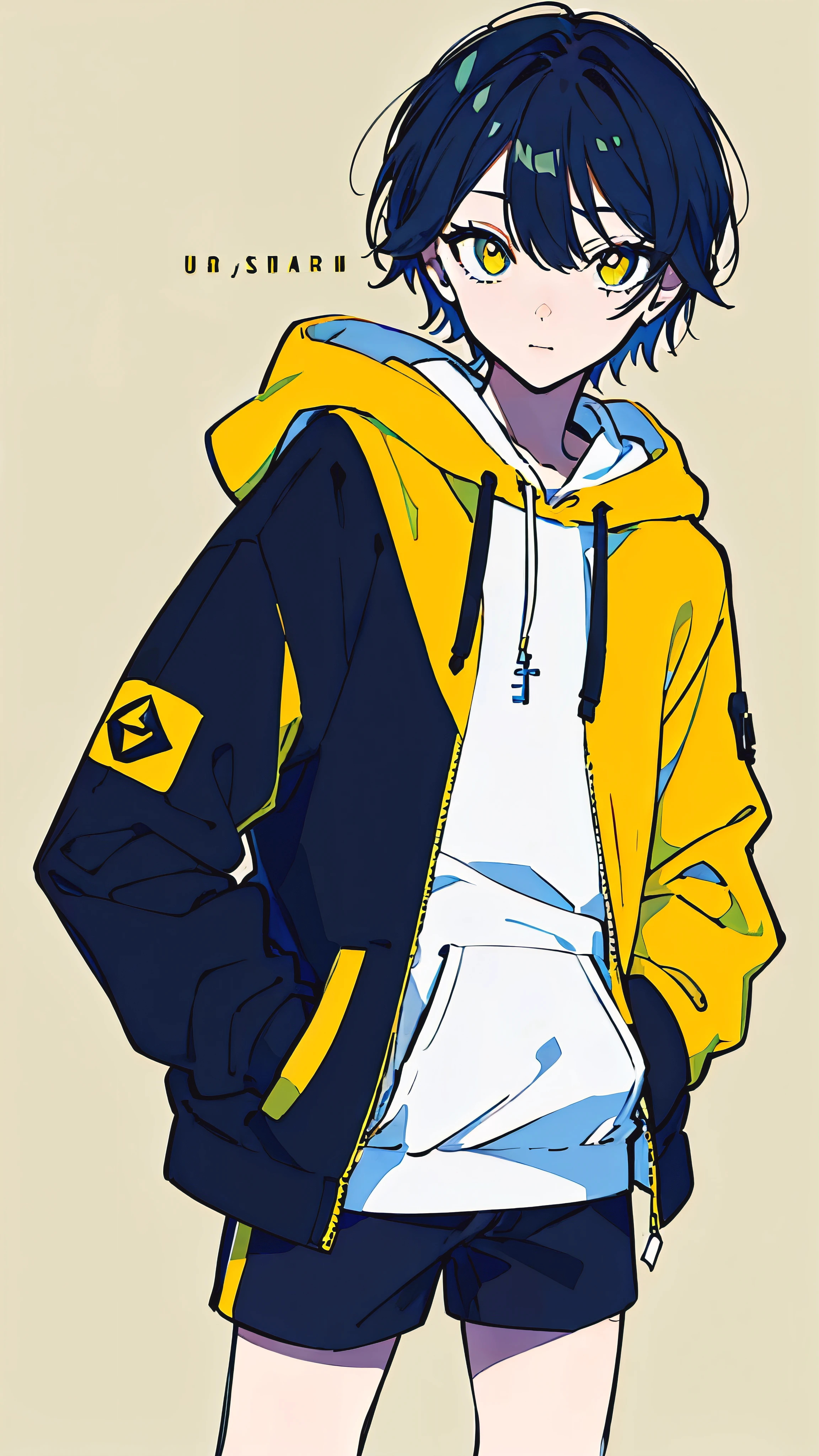 (masterpiece, highest quality:1.6), alone, thick outline, (simple background, Dark yellow background, monochrome, dark yellow theme:1.2), official art, Key Visual, 8K, confused, whole body, (Unique hair, oversized hoodie, hot pants, arch back, short torso:1.2), belly button, thighs, cowboy shot, HDR, sharp focus, High resolution, most detailed, very detailed, Super detailed, finely, detailed eyes and face, sharp pupils, realistic student, alone, contrast between yellow and light blue, alone, put one&#39;Hand in hand&#39;pocket of